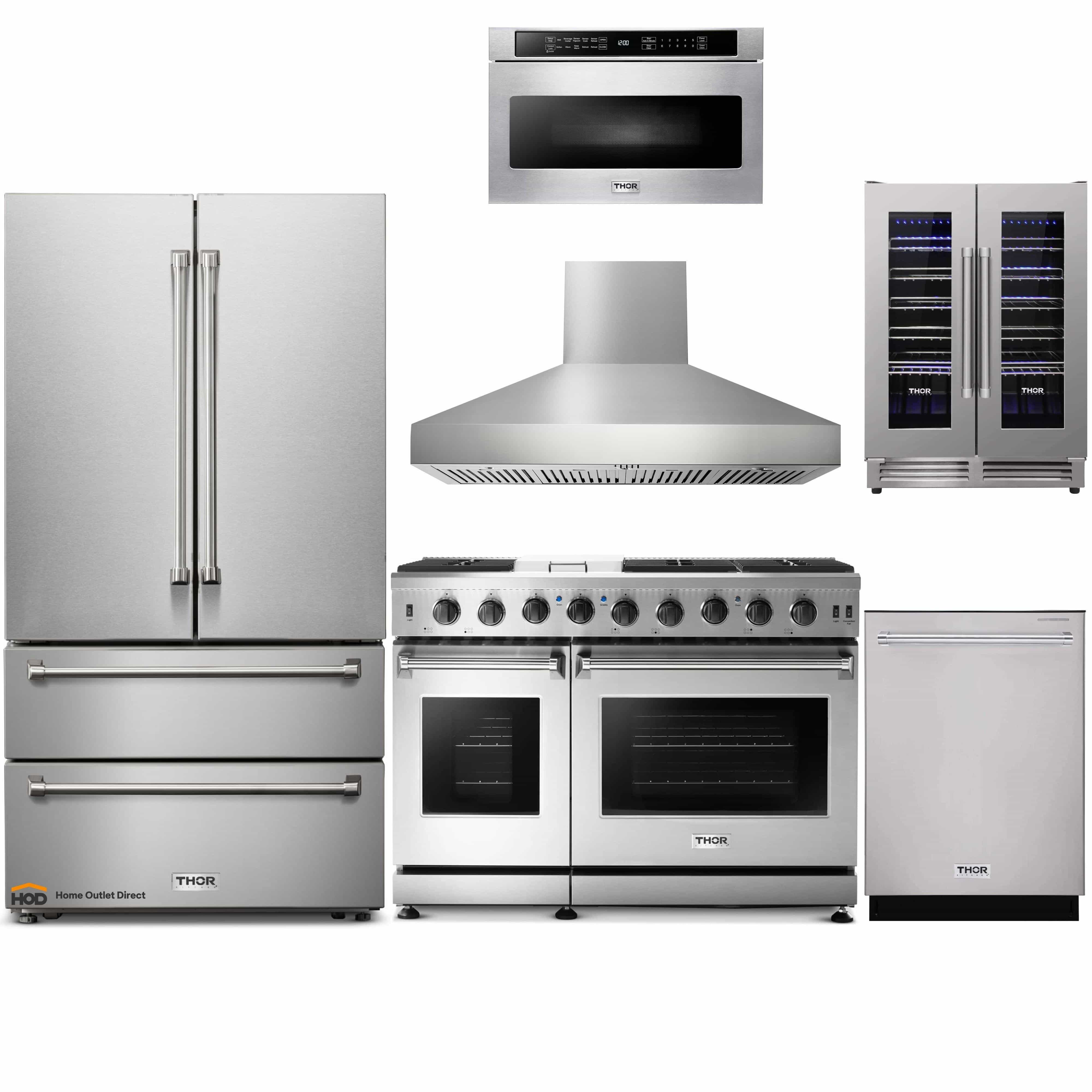 Thor Kitchen 6-Piece Appliance Package - 48-Inch Gas Range, French Door Refrigerator, Pro Wall Mount Hood, Dishwasher, Microwave Drawer, and Wine Cooler in Stainless Steel