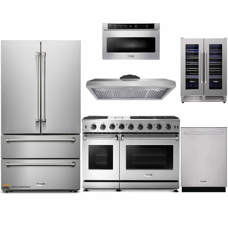 Thor Kitchen 6-Piece Appliance Package - 48-Inch Gas Range, French Door Refrigerator, Under Cabinet 11-Inch Hood, Dishwasher, Microwave Drawer, and Wine Cooler in Stainless Steel