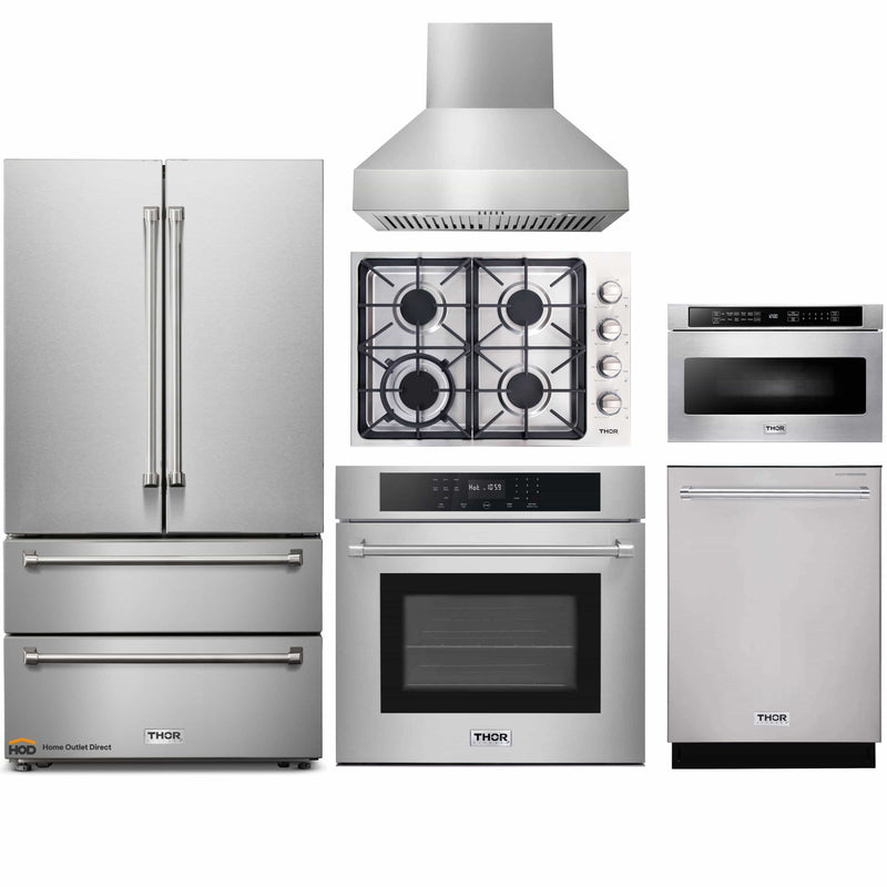Thor Kitchen 6-Piece Pro Appliance Package - 30-Inch Gas Cooktop, Electric Wall Oven, Wall Mount Hood, Dishwasher, Refrigerator & Microwave Drawer in Stainless Steel