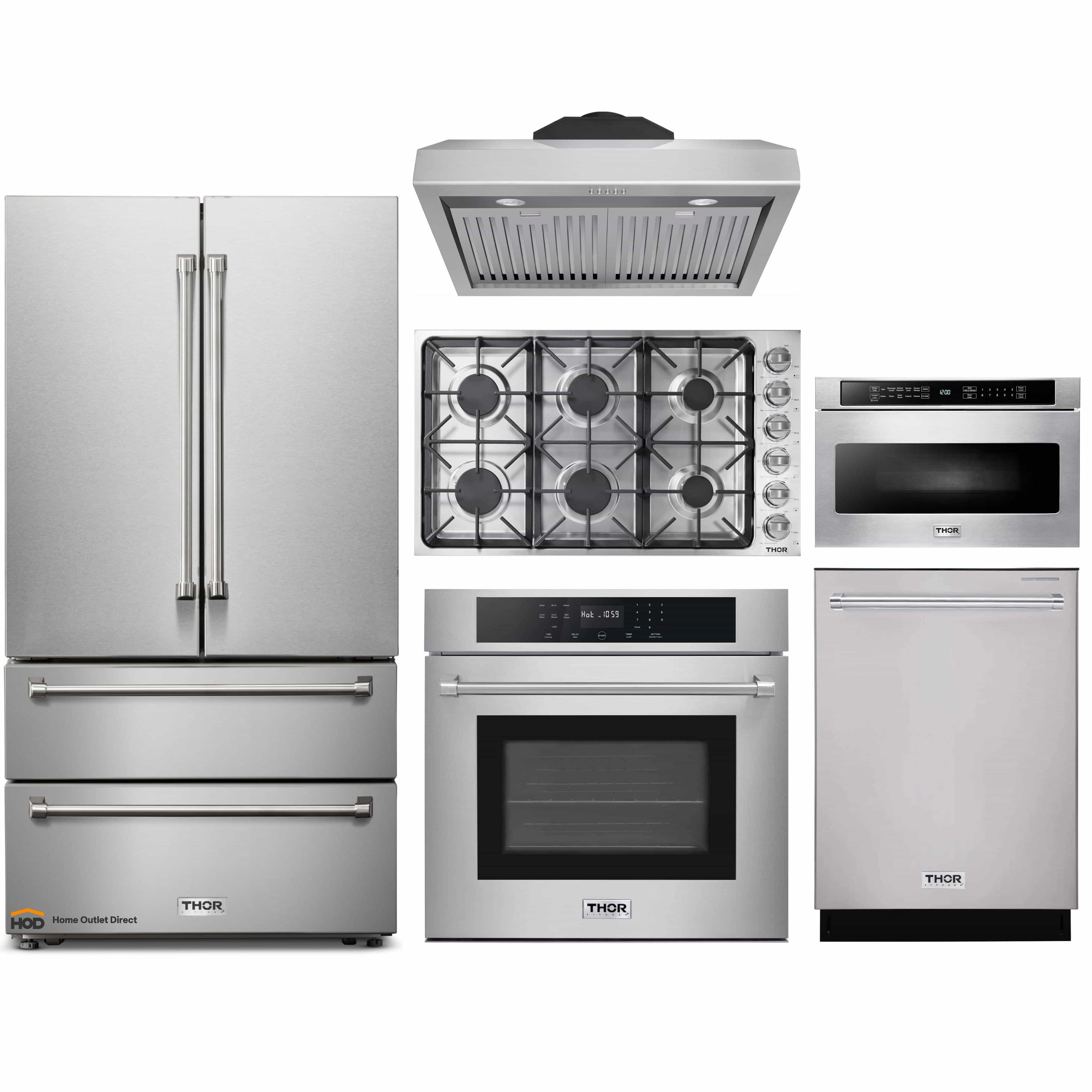 Thor Kitchen 6-Piece Pro Appliance Package - 36-Inch Gas Cooktop, Electric Wall Oven, Under Cabinet Hood, Refrigerator, Dishwasher & Microwave Drawer in Stainless Steel