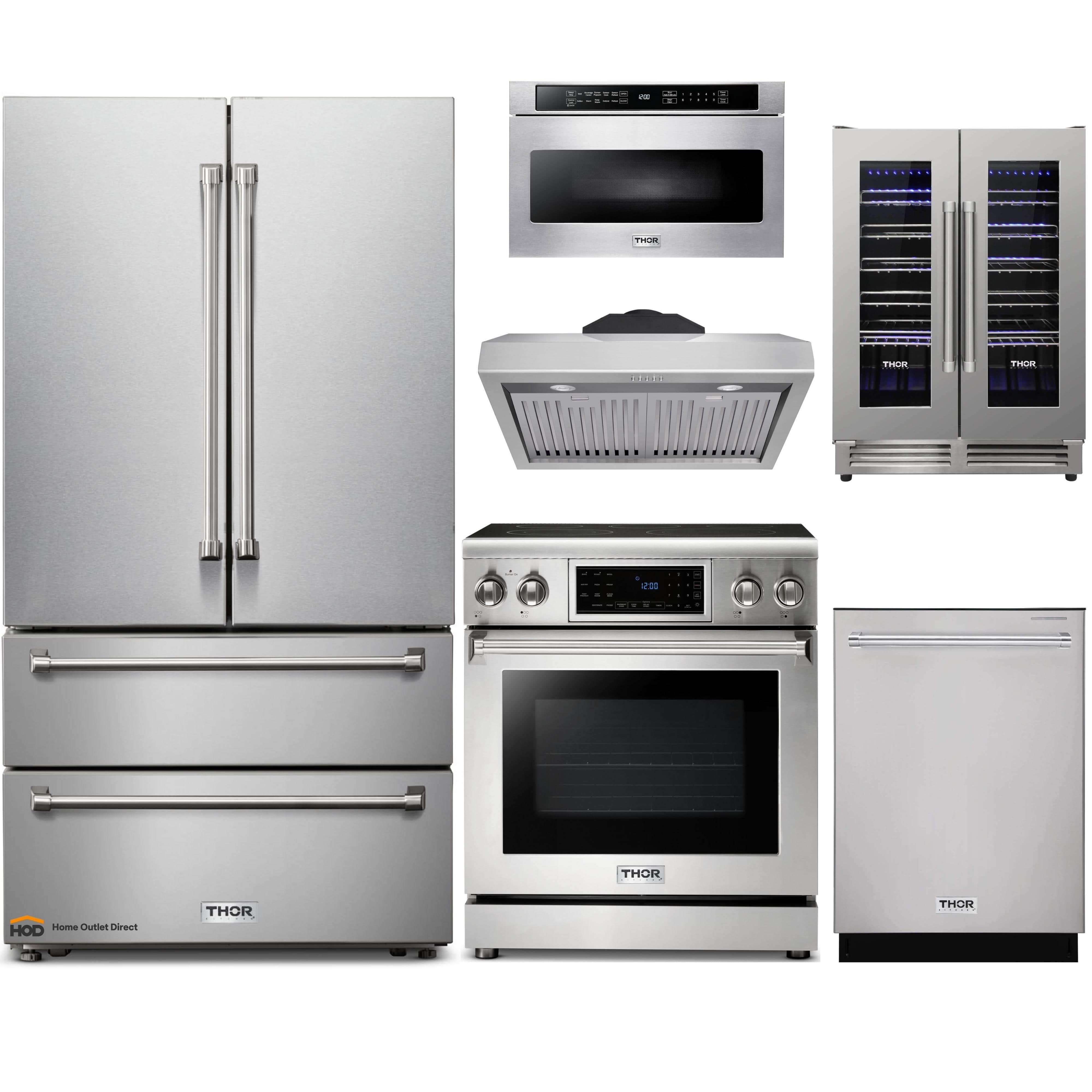 Thor Kitchen 6-Piece Appliance Package - 30-Inch Electric Range with Tilt Panel, French Door Refrigerator, Under Cabinet Hood, Dishwasher, Microwave Drawer, & Wine Cooler in Stainless Steel