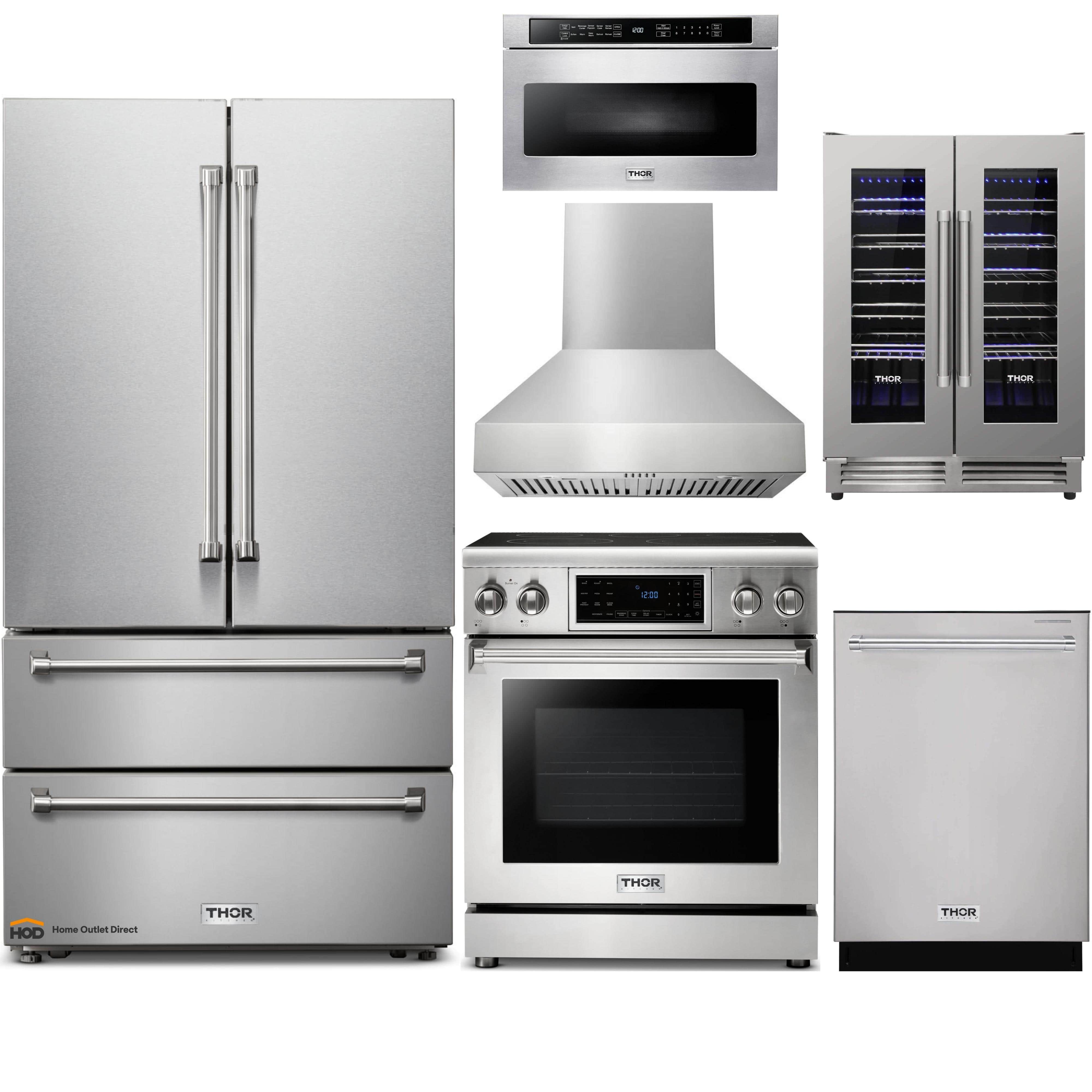 Thor Kitchen 6-Piece Appliance Package - 30-Inch Electric Range with Tilt Panel, French Door Refrigerator, Pro-Style Wall Mount Hood, Dishwasher, Microwave Drawer, & Wine Cooler in Stainless Steel
