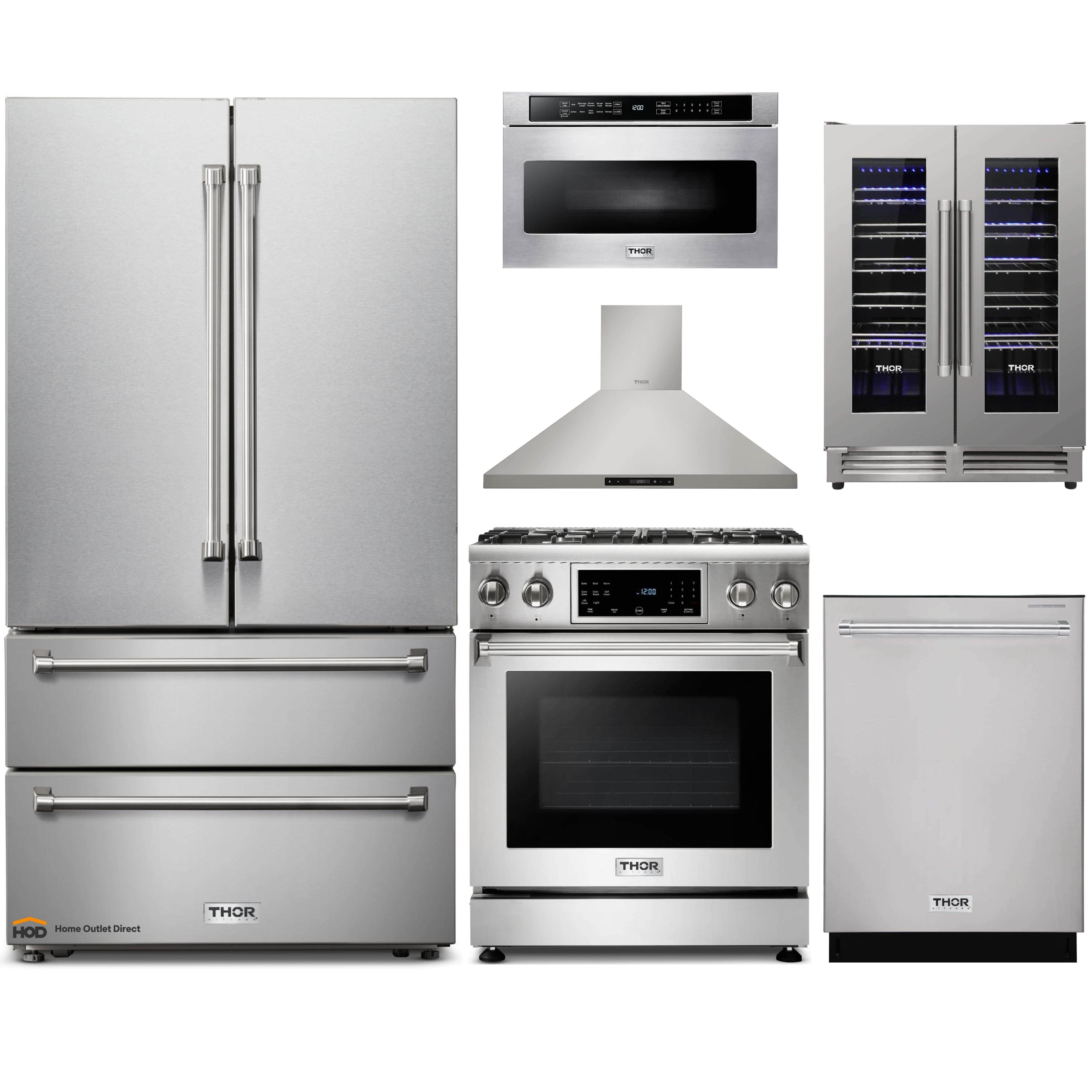 Thor Kitchen 6-Piece Appliance Package - 30-Inch Gas Range with Tilt Panel, French Door Refrigerator, Wall Mount Hood, Dishwasher, Microwave Drawer, and Wine Cooler in Stainless Steel