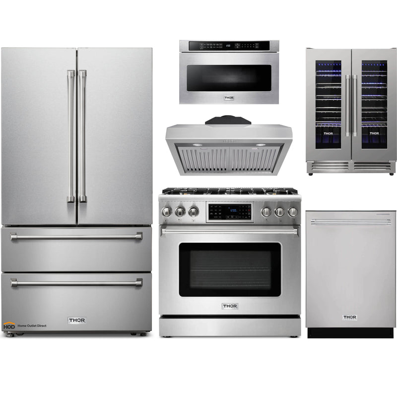 Thor Kitchen 6-Piece Appliance Package - 36-Inch Gas Range with Tilt Panel, French Door Refrigerator, Under Cabinet Hood, Dishwasher, Microwave Drawer, and Wine Cooler in Stainless Steel