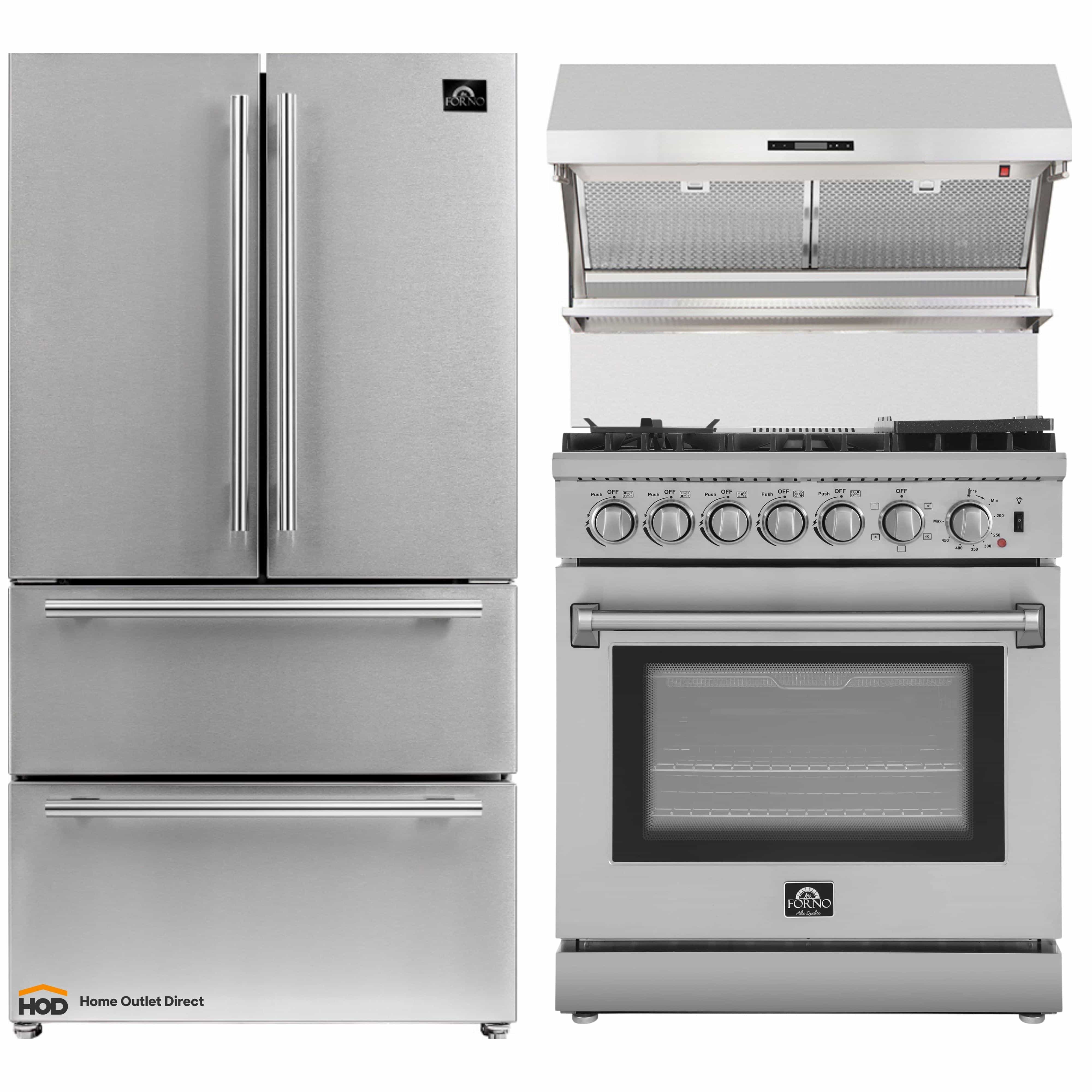 Stainless steel refrigerator and 30-inch dual fuel range side by side