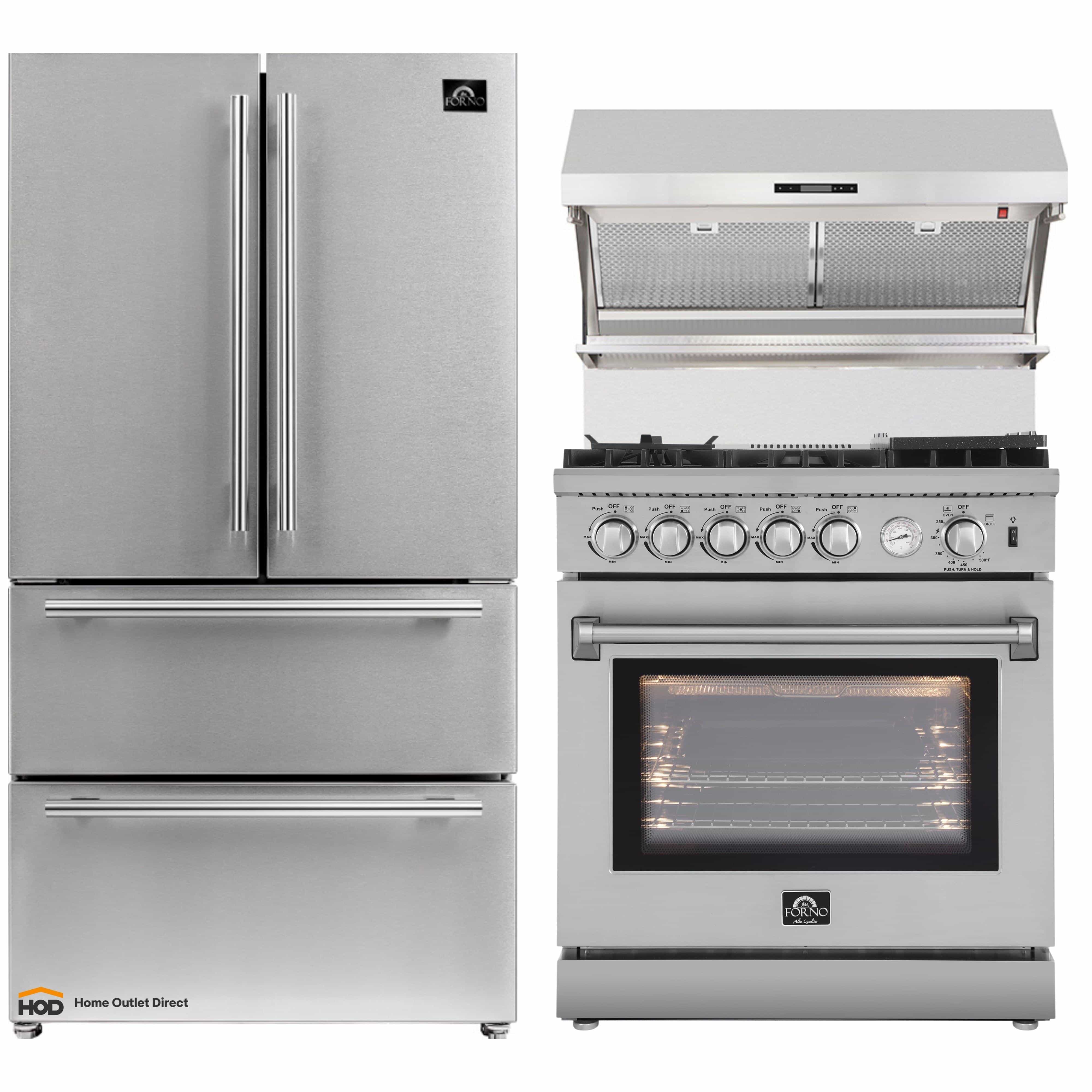 Stainless appliance package showing refrigerator and freestanding gas range with vent hood