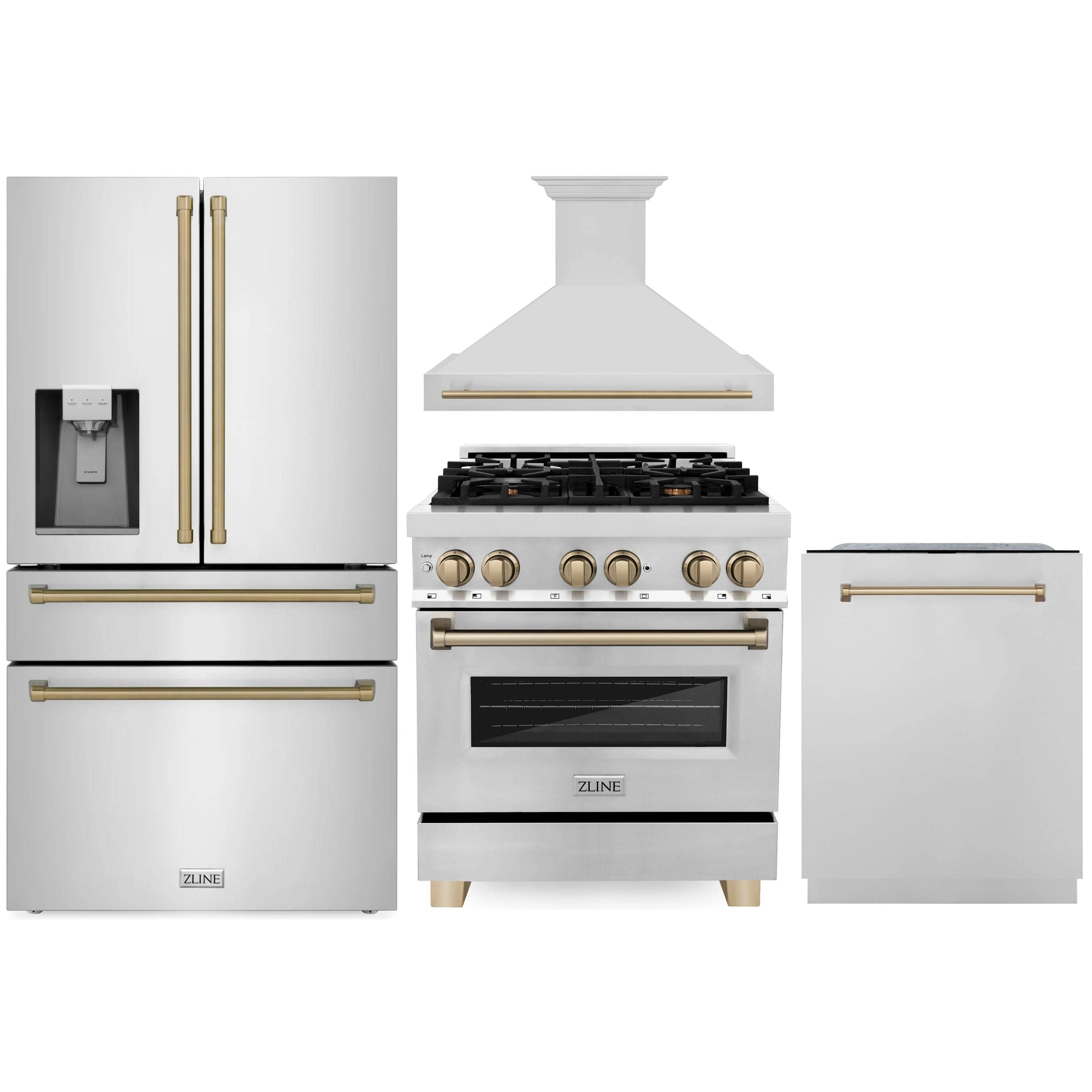 4-piece kitchen appliance package with dual-fuel range, hood, and refrigerator (dishwasher panel shown)