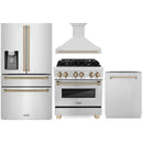 ZLINE Autograph Edition 4-Piece Appliance Package - 30-Inch Dual Fuel Range, Refrigerator with Water Dispenser, Wall Mounted Range Hood, & 24-Inch Tall Tub Dishwasher in Stainless Steel with Champagne Bronze Trim (4AKPR-RARHDWM30-CB)