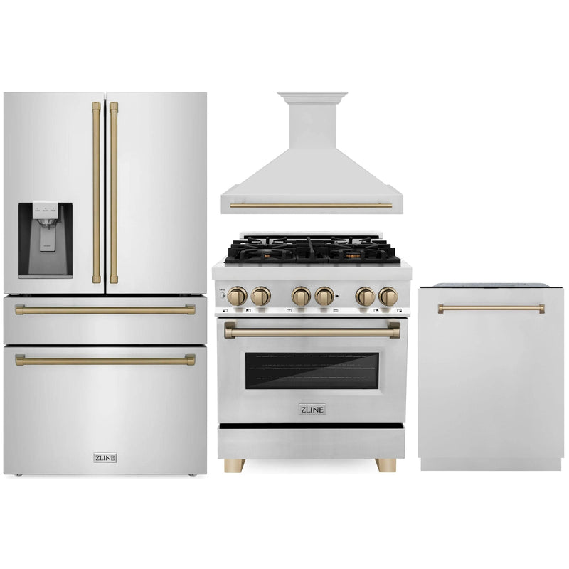 ZLINE Autograph Edition 4-Piece Appliance Package - 30-Inch Dual Fuel Range, Refrigerator with Water Dispenser, Wall Mounted Range Hood, & 24-Inch Tall Tub Dishwasher in Stainless Steel with Champagne Bronze Trim (4AKPR-RARHDWM30-CB)