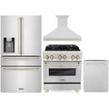 ZLINE Autograph Edition 4-Piece Appliance Package - 30-Inch Dual Fuel Range, Refrigerator with Water Dispenser, Wall Mounted Range Hood, & 24-Inch Tall Tub Dishwasher in Stainless Steel with Gold Trim (4AKPR-RARHDWM30-G)
