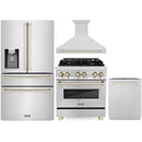 ZLINE Autograph Edition 4-Piece Appliance Package - 30-Inch Dual Fuel Range, Refrigerator with Water Dispenser, Wall Mounted Range Hood, & 24-Inch Tall Tub Dishwasher in Stainless Steel with Gold Trim (4AKPR-RARHDWM30-G)