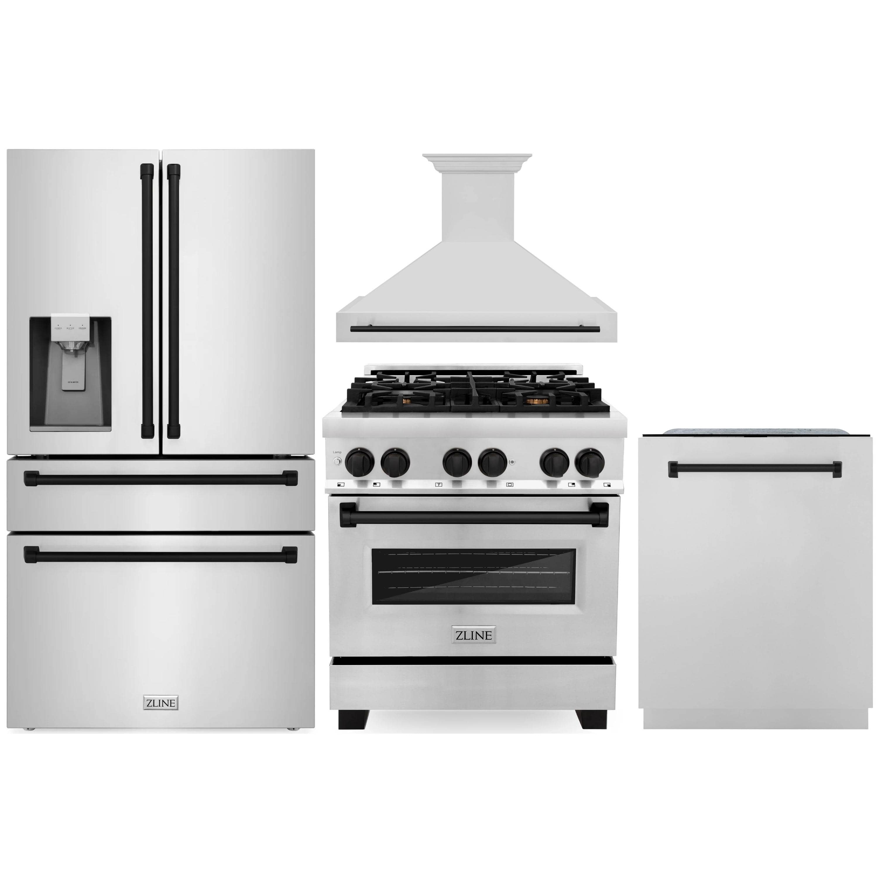 ZLINE 4-piece kitchen appliance package with refrigerator, range, hood, and dishwasher