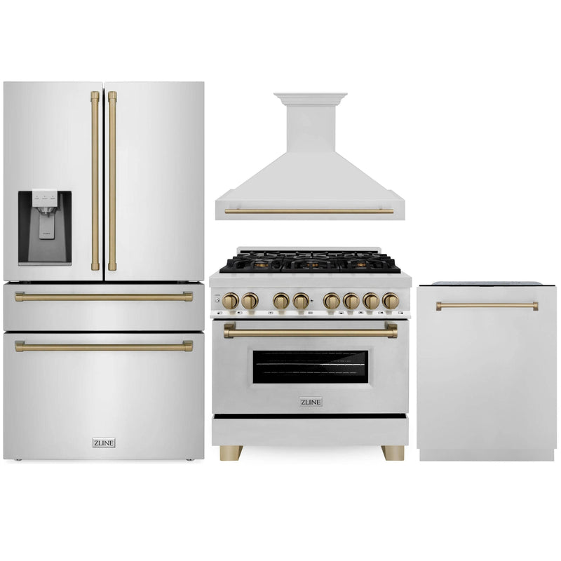 ZLINE Autograph Edition 4-Piece Appliance Package - 36-Inch Dual Fuel Range, Refrigerator with Water Dispenser, Wall Mounted Range Hood, & 24-Inch Tall Tub Dishwasher in Stainless Steel with Champagne Bronze Trim (4AKPR-RARHDWM36-CB)