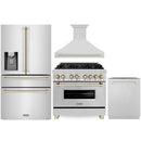 ZLINE Autograph Edition 4-Piece Appliance Package - 36-Inch Dual Fuel Range, Refrigerator with Water Dispenser, Wall Mounted Range Hood, & 24-Inch Tall Tub Dishwasher in Stainless Steel with Gold Trim (4AKPR-RARHDWM36-G)
