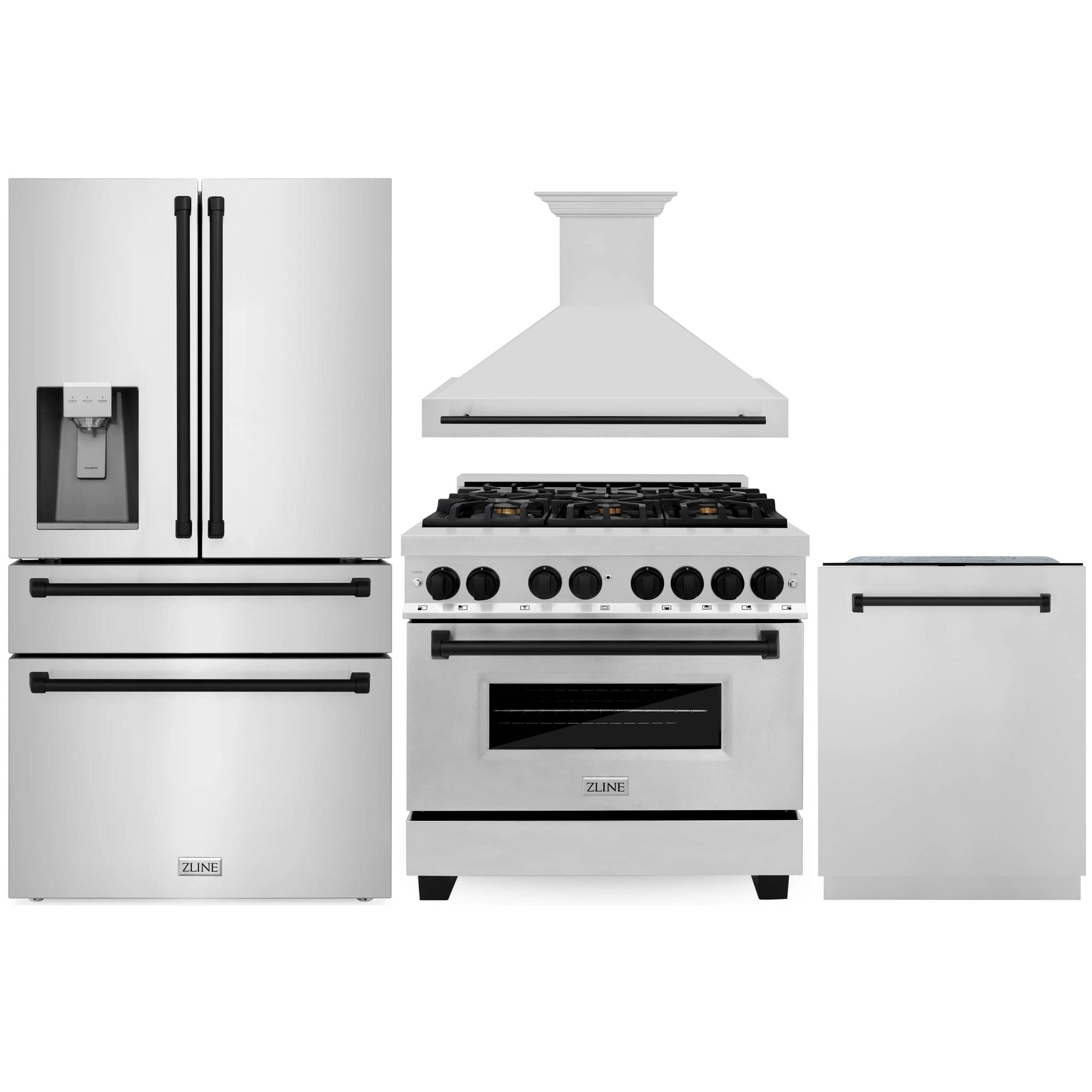 Stainless steel kitchen appliance package with range, hood, refrigerator, and dishwasher