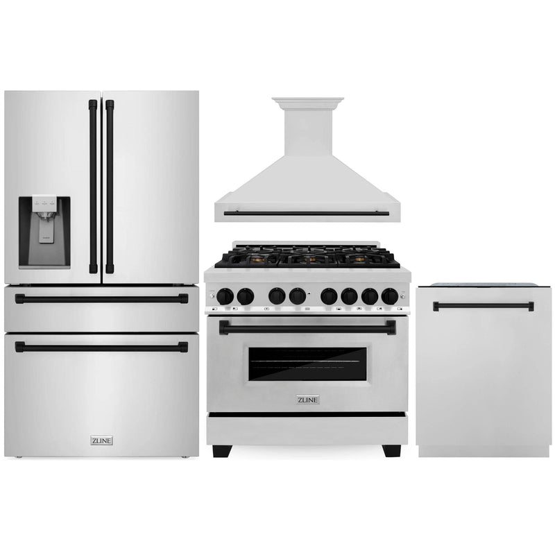 ZLINE Autograph Edition 4-Piece Appliance Package - 36-Inch Dual Fuel Range, Refrigerator with Water Dispenser, Wall Mounted Range Hood, & 24-Inch Tall Tub Dishwasher in Stainless Steel with Matte Black Trim (4AKPR-RARHDWM36-MB)