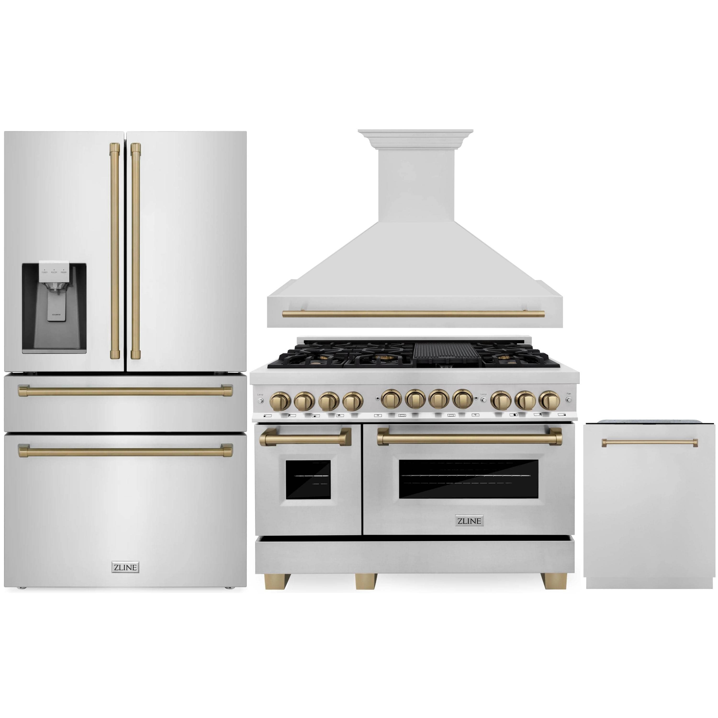 Stainless steel appliance package with range, hood, refrigerator, and dishwasher