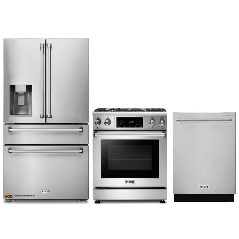 Thor Kitchen 3-Piece Appliance Package - 30-Inch Gas Range with Tilt Panel, Dishwasher & Refrigerator with Water Dispenser in Stainless Steel