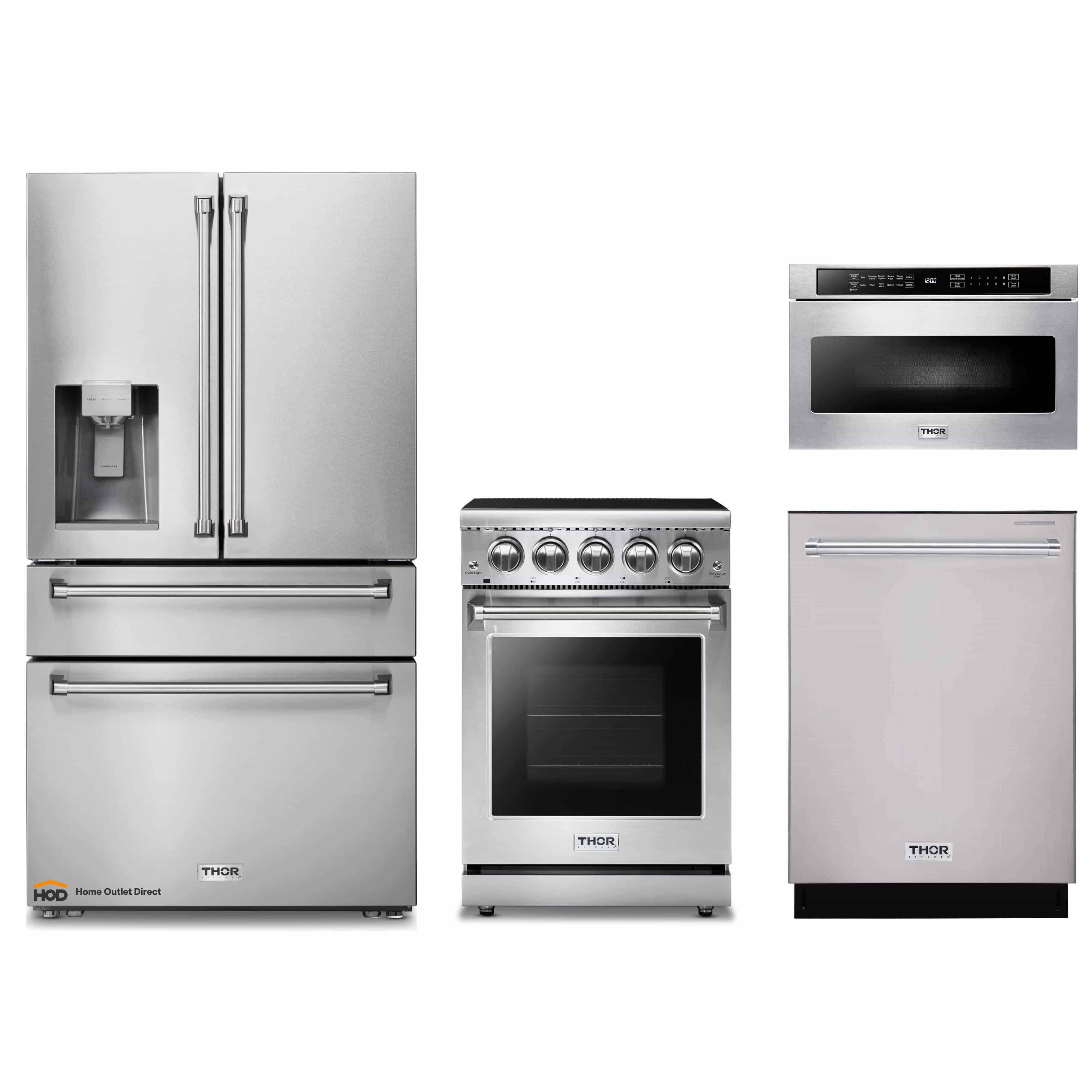 Thor Kitchen 4-Piece Appliance Package - 24-Inch Electric Range, Refrigerator with Water Dispenser, Dishwasher, & Microwave Drawer in Stainless Steel