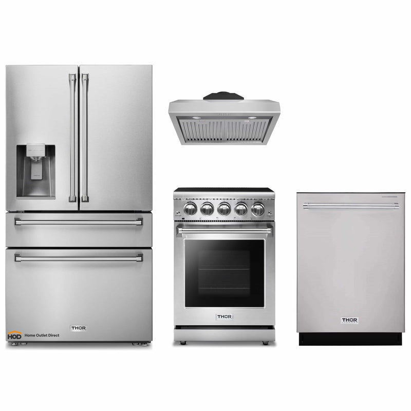 Thor Kitchen 4-Piece Appliance Package - 24-Inch Electric Range, Refrigerator with Water Dispenser, Under Cabinet Hood, & Dishwasher in Stainless Steel