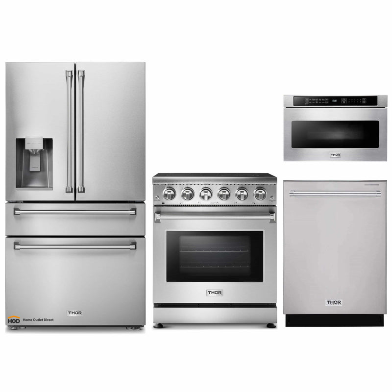 Thor Kitchen 4-Piece Appliance Package - 30-Inch Electric Range, Refrigerator with Water Dispenser, Dishwasher, & Microwave Drawer in Stainless Steel
