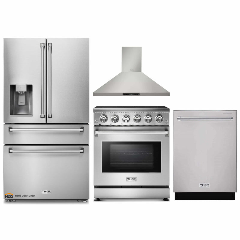 Thor Kitchen 4-Piece Appliance Package - 30-Inch Electric Range, Refrigerator with Water Dispenser, Wall Mount Hood, & Dishwasher in Stainless Steel