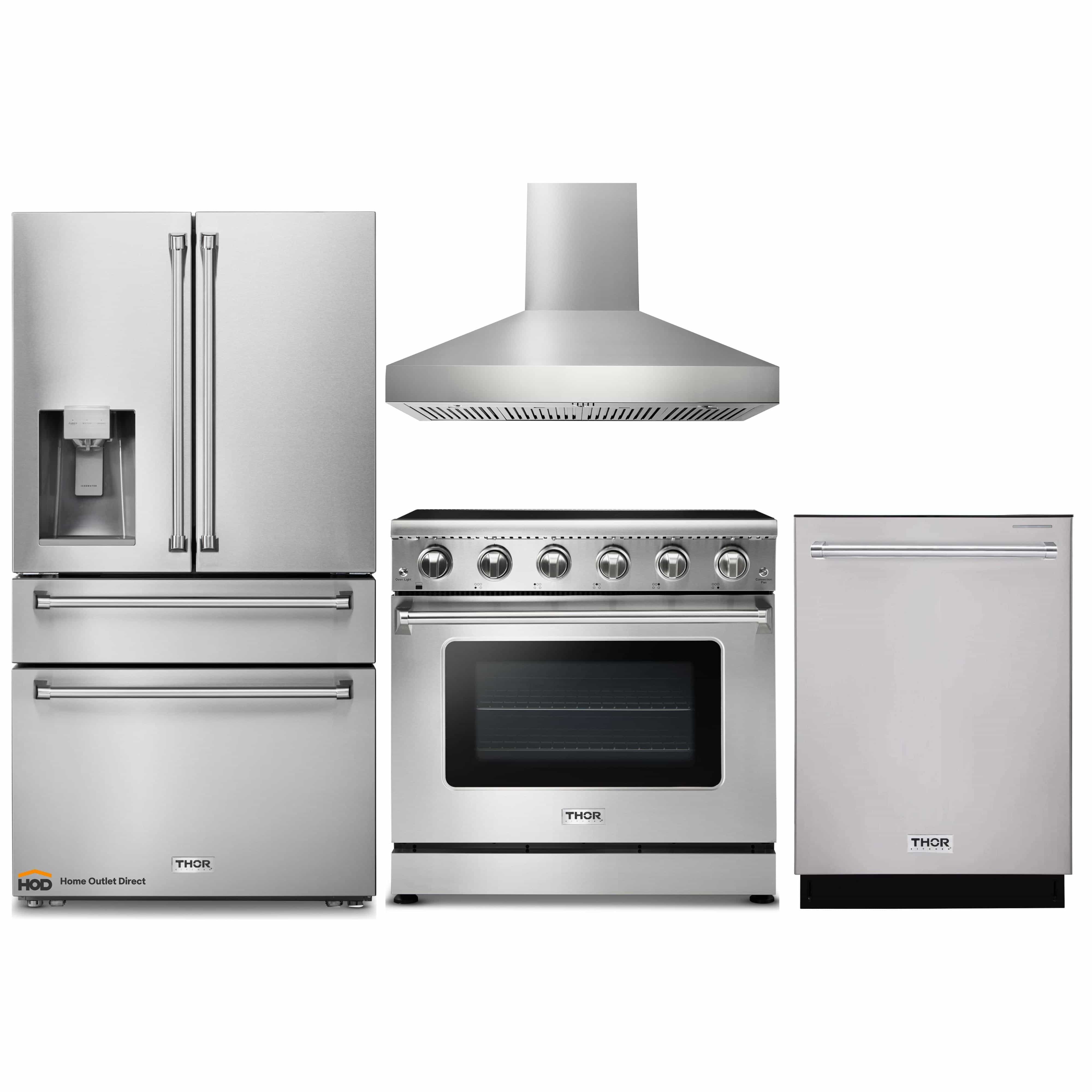 Thor Kitchen 4-Piece Appliance Package - 36-Inch Electric Range, Refrigerator with Water Dispenser, Pro-Style Wall Mount Hood, & Dishwasher in Stainless Steel