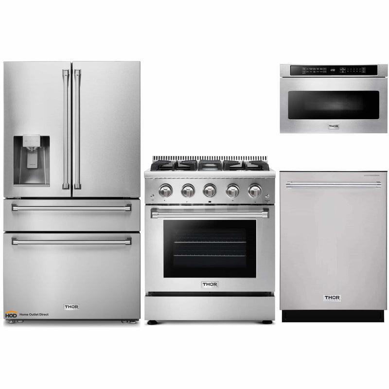 Thor Kitchen 4-Piece Pro Appliance Package - 30-Inch Gas Range, Refrigerator with Water Dispenser, Dishwasher, & Microwave Drawer in Stainless Steel