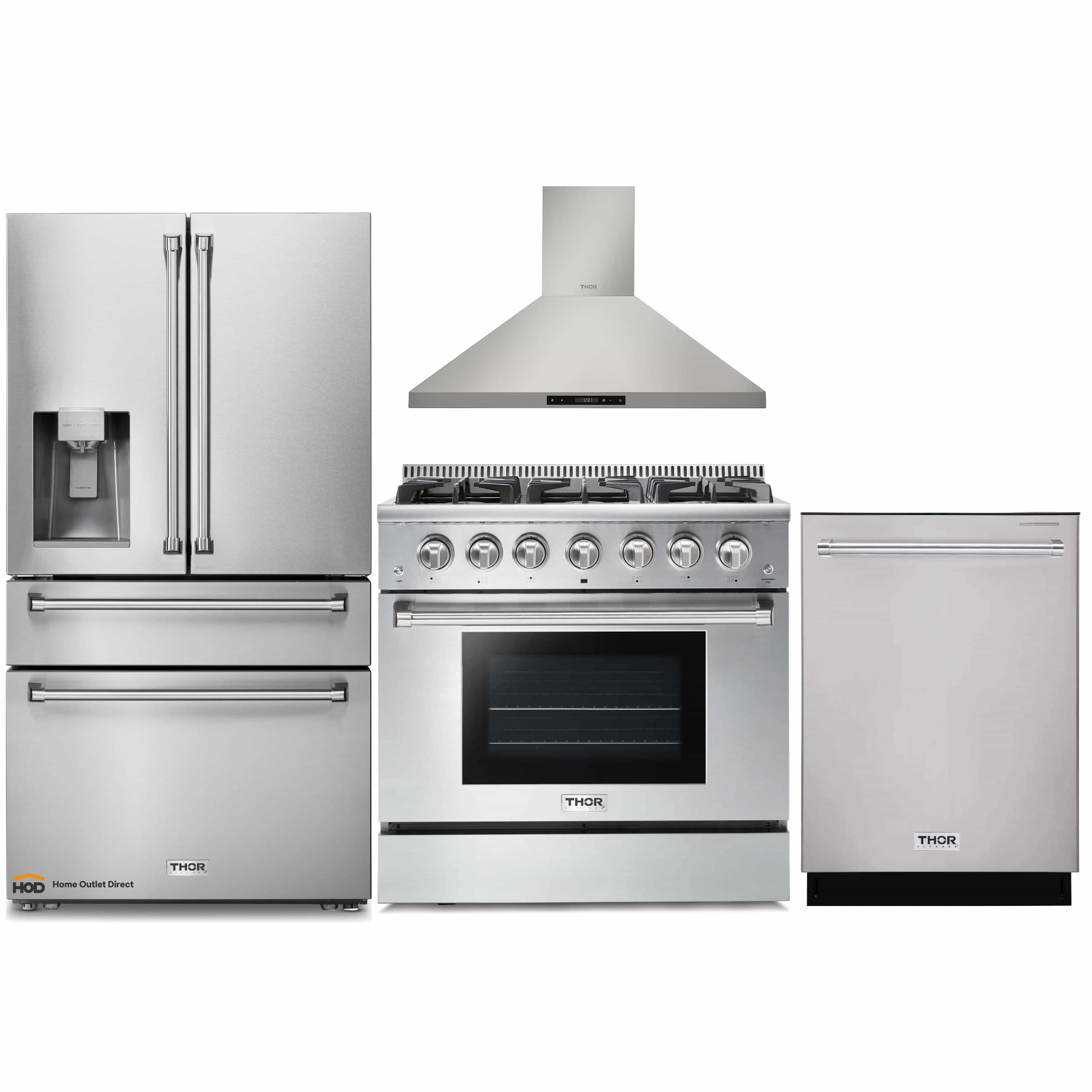 Thor Kitchen 4-Piece Pro Appliance Package - 36-Inch Gas Range, Refrigerator with Water Dispenser, Wall Mount Hood & Dishwasher in Stainless Steel