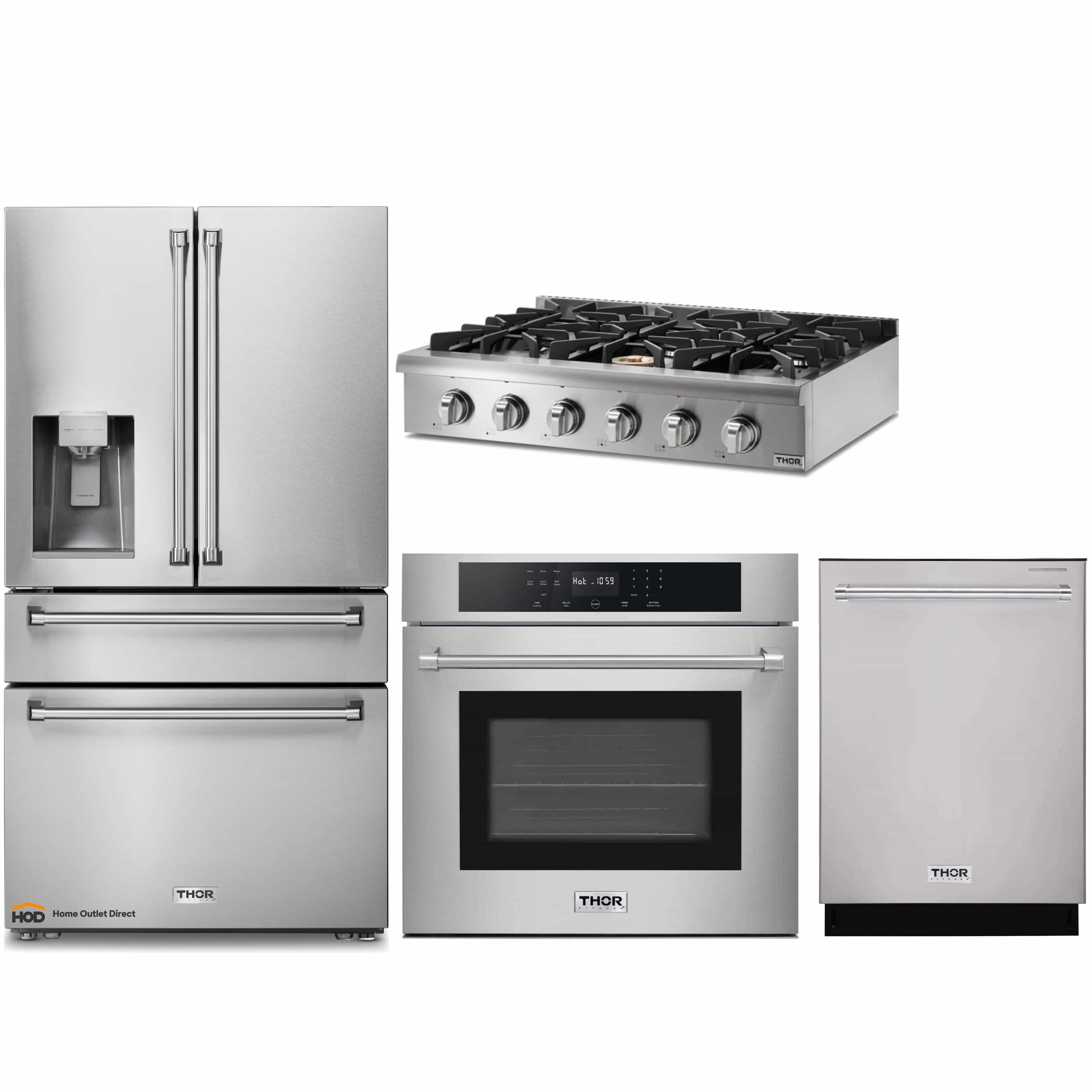 Thor Kitchen 4-Piece Pro Appliance Package - 36-Inch Rangetop, Electric Wall Oven, Refrigerator with Water Dispenser, & Dishwasher in Stainless Steel