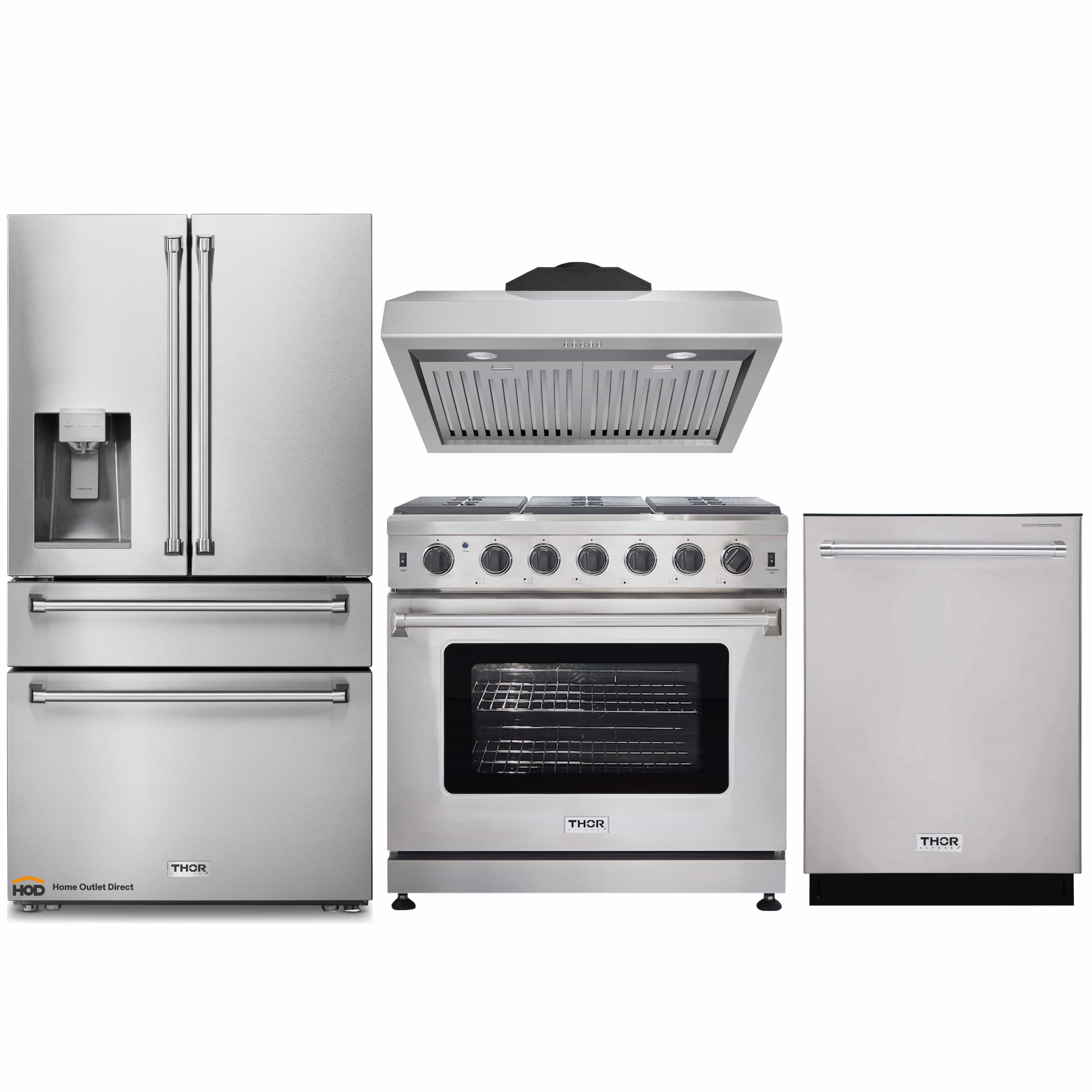 Thor Kitchen 4-Piece Appliance Package - 36-Inch Gas Range, Refrigerator with Water Dispenser, Pro-Style Wall Mount Hood, & Dishwasher in Stainless Steel