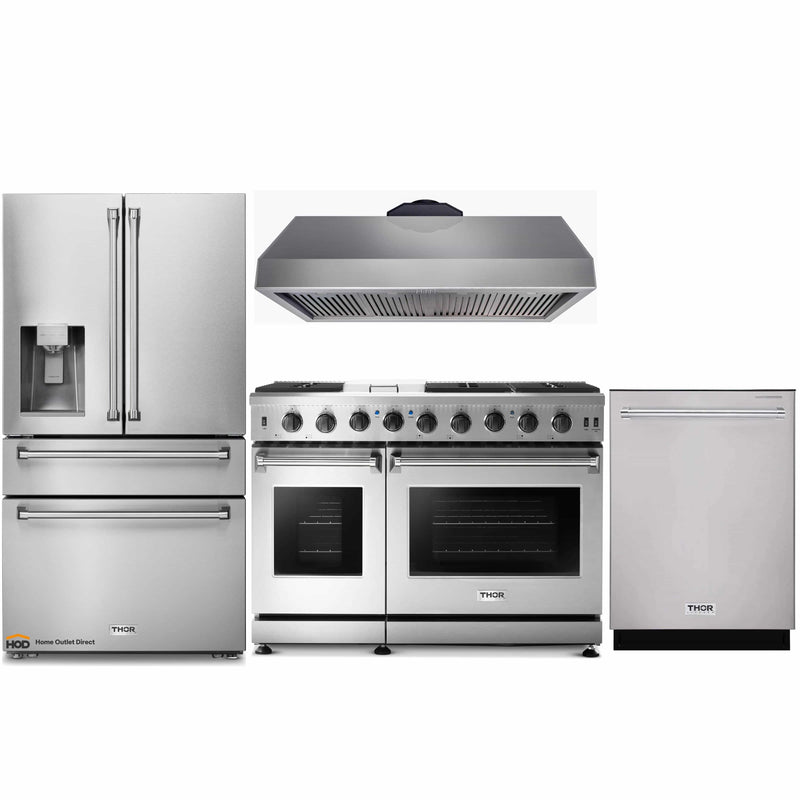 Thor Kitchen 4-Piece Appliance Package - 48-Inch Gas Range, Under Cabinet 16.5-Inch Tall Hood, Refrigerator with Water Dispenser, & Dishwasher in Stainless Steel
