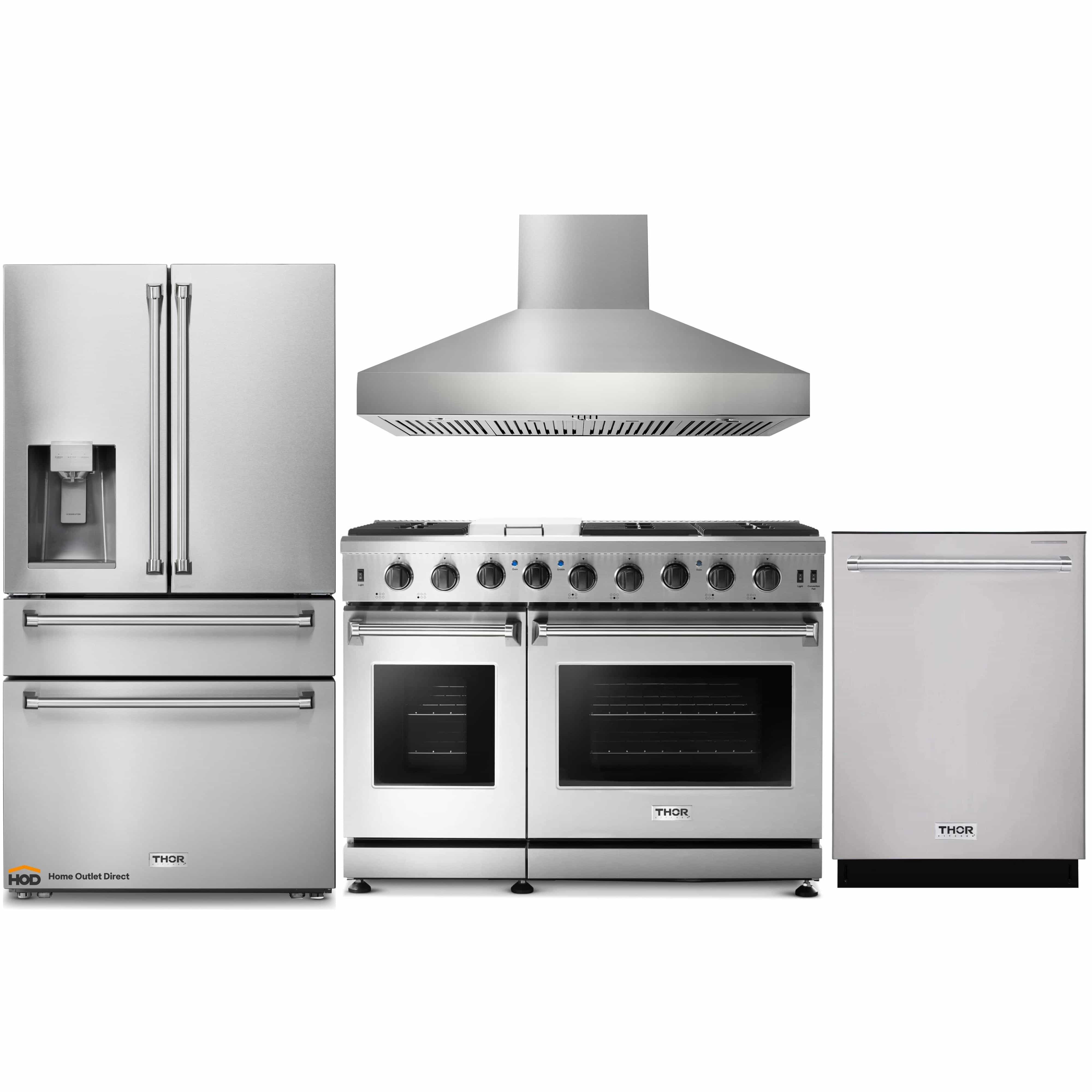 Thor Kitchen 4-Piece Appliance Package - 48-Inch Gas Range, Pro Wall Mount Hood, Refrigerator with Water Dispenser, & Dishwasher in Stainless Steel