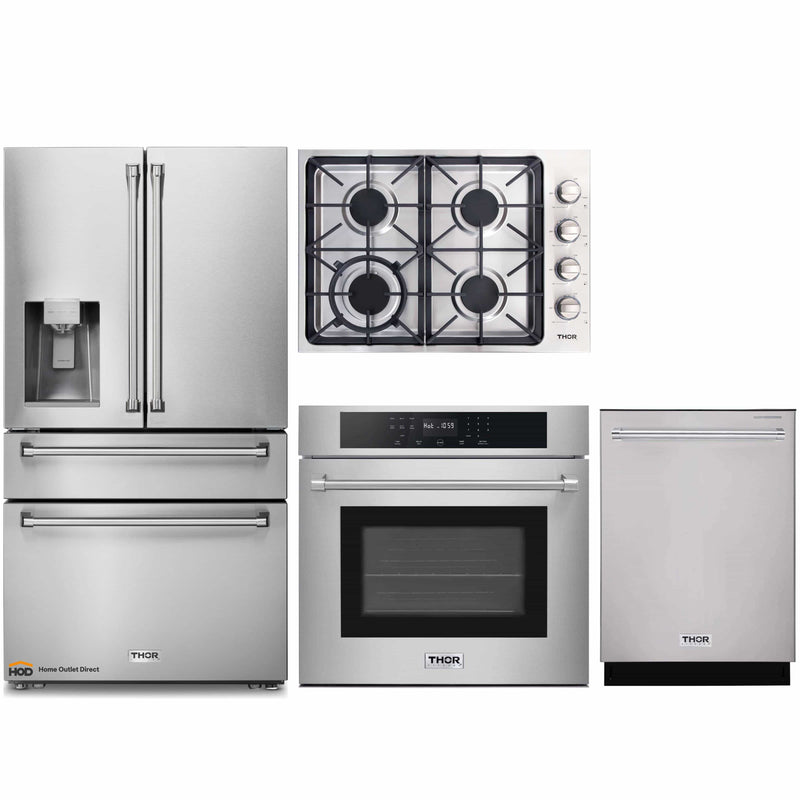 Thor Kitchen 4-Piece Pro Appliance Package - 30-Inch Gas Cooktop, Electric Wall Oven, Dishwasher & Refrigerator with Water Dispenser in Stainless Steel
