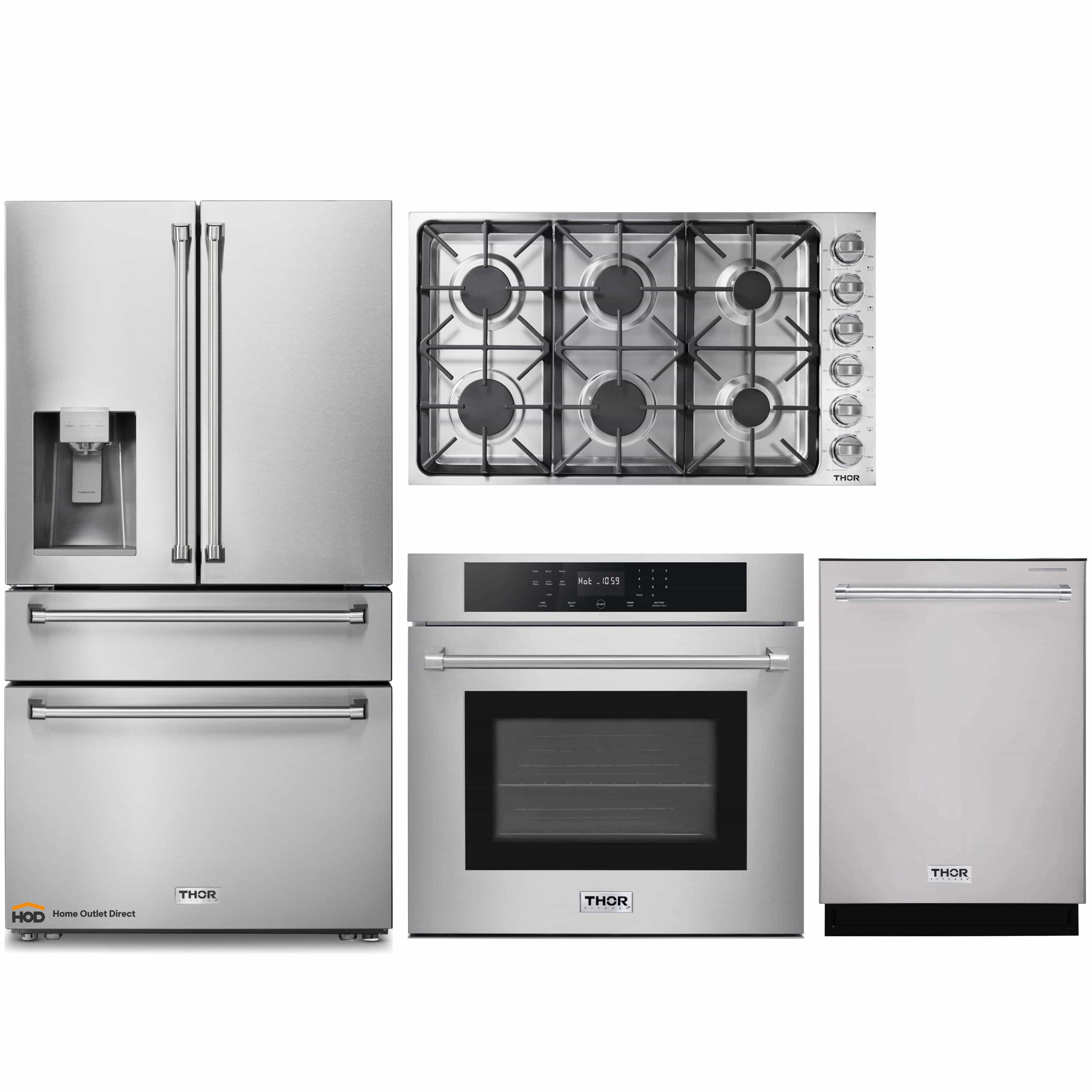 Thor Kitchen 4-Piece Pro Appliance Package - 36-Inch Gas Cooktop, Electric Wall Oven, Dishwasher & Refrigerator with Water Dispenser in Stainless Steel
