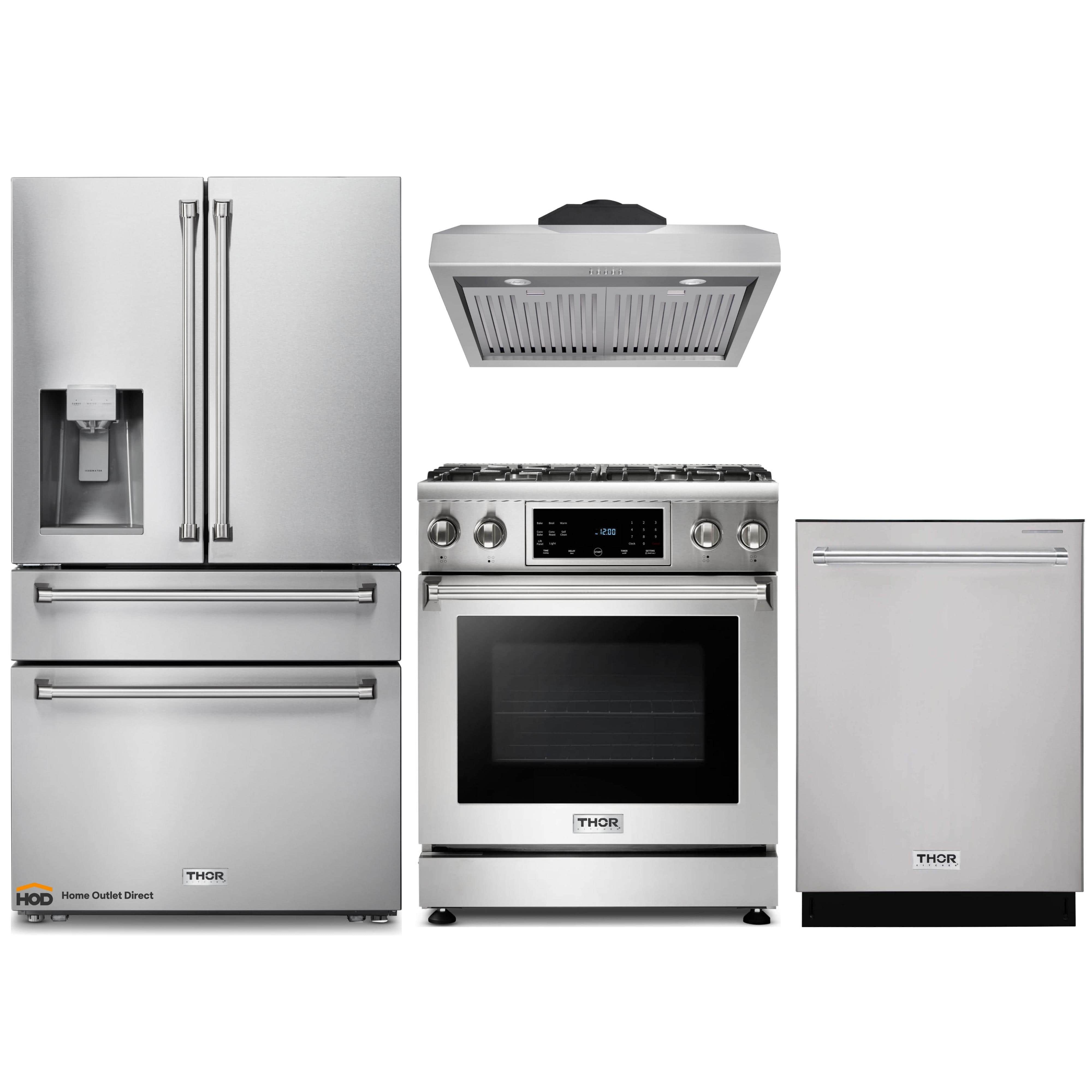 Thor Kitchen 4-Piece Appliance Package - 30-Inch Gas Range with Tilt Panel, Refrigerator with Water Dispenser, Under Cabinet Hood & Dishwasher in Stainless Steel