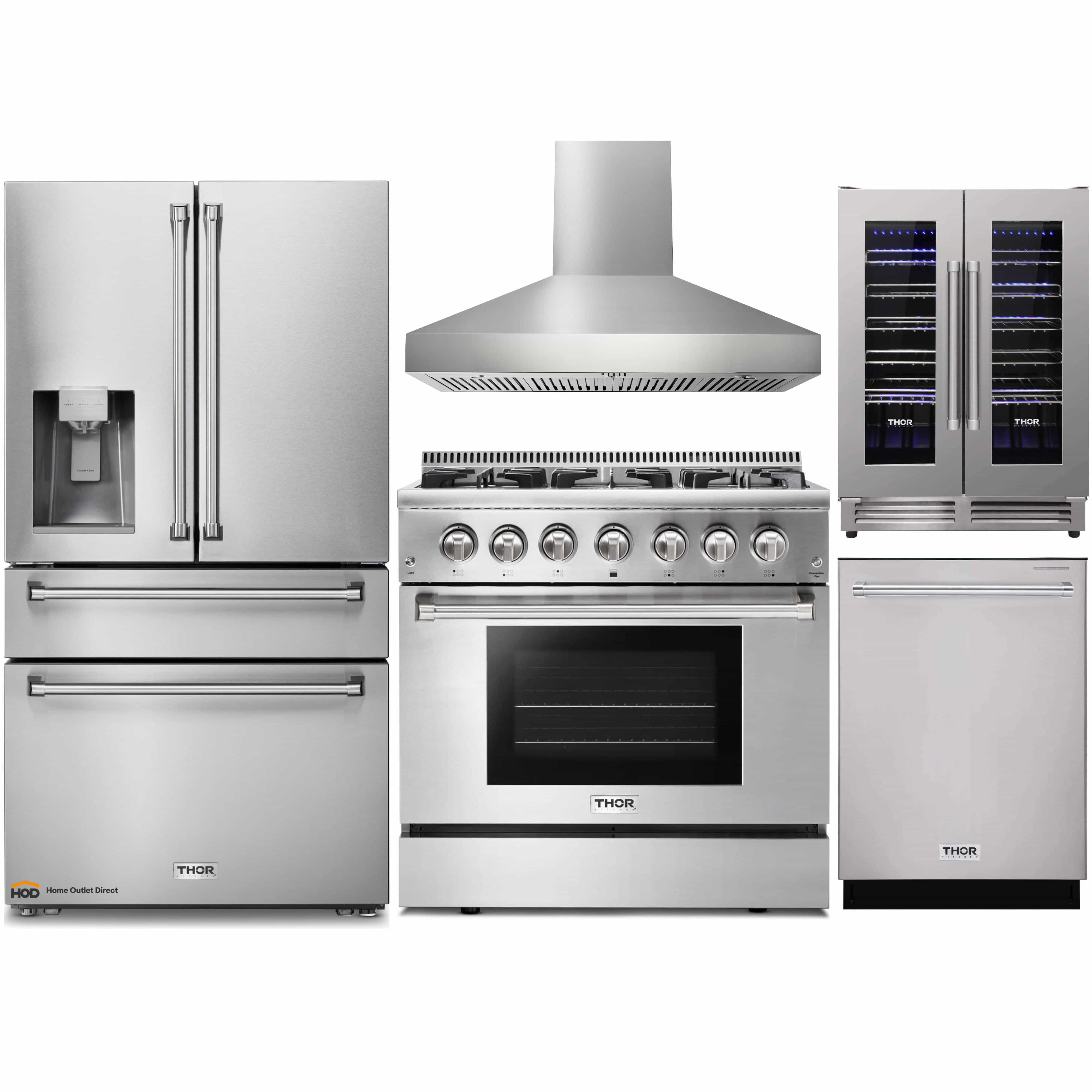 Thor Kitchen 5-Piece Pro Appliance Package - 36-Inch Dual Fuel Range, Refrigerator with Water Dispenser, Pro-Style Wall Mount Hood, Dishwasher, & Wine Cooler in Stainless Steel