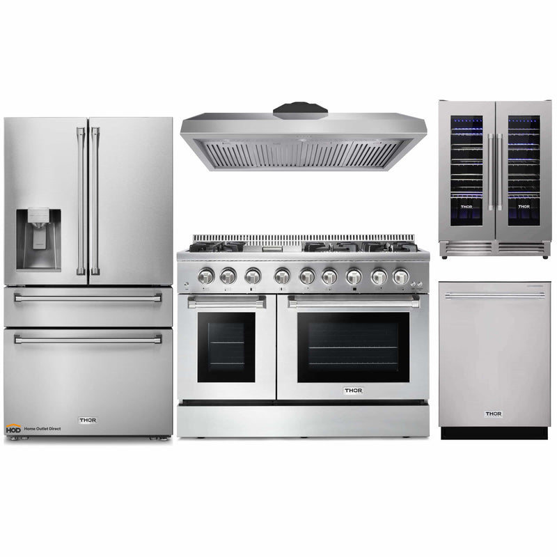 Thor Kitchen 5-Piece Pro Appliance Package - 48-Inch Dual Fuel Range, Under Cabinet 11-Inch Tall Hood, Refrigerator with Water Dispenser, Dishwasher, & Wine Cooler in Stainless Steel