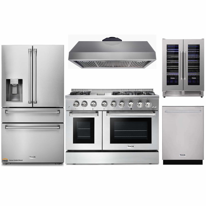 Thor Kitchen 5-Piece Pro Appliance Package - 48-Inch Dual Fuel Range, Under Cabinet 16.5-Inch Tall Hood, Refrigerator with Water Dispenser, Dishwasher, & Wine Cooler in Stainless Steel