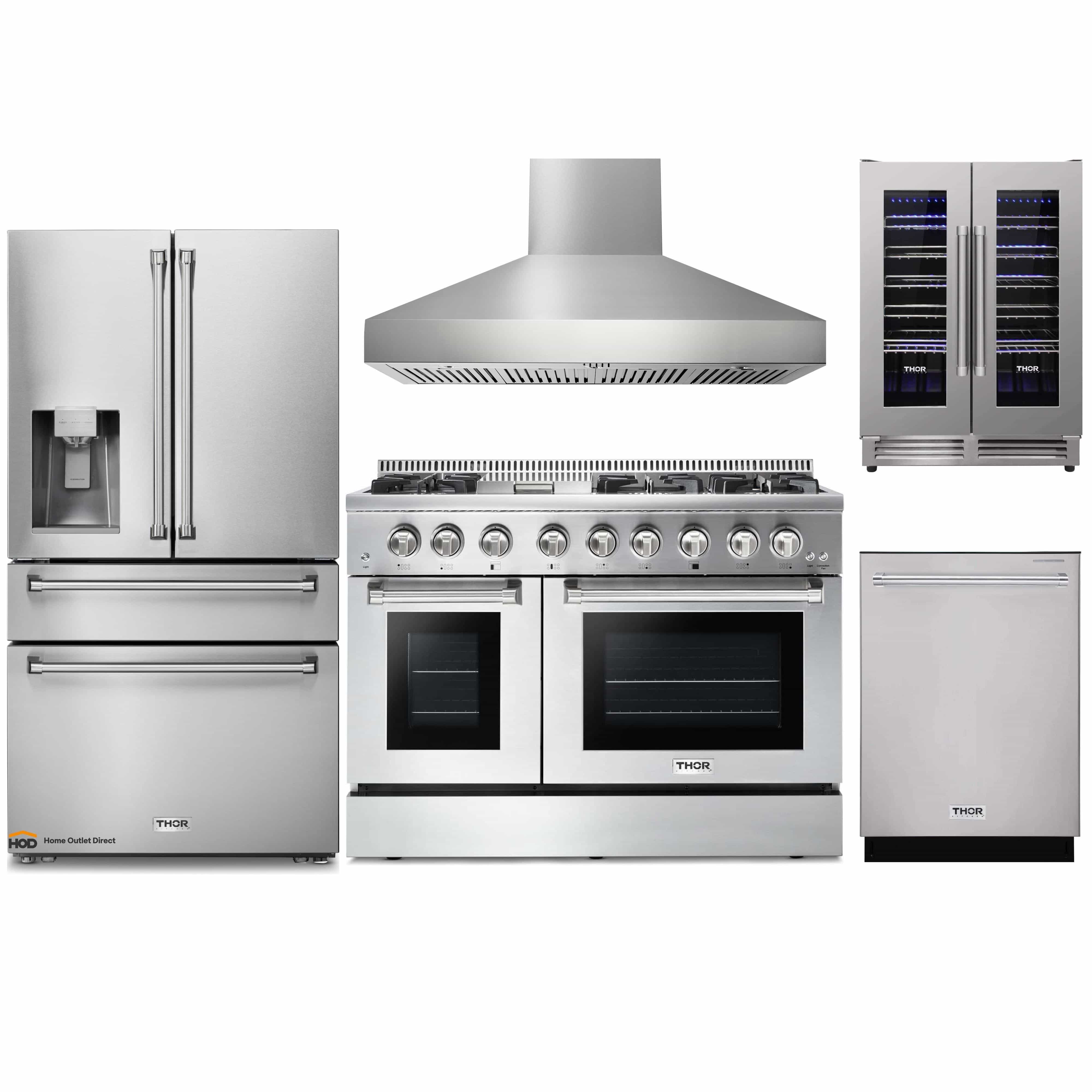 Thor Kitchen 5-Piece Pro Appliance Package - 48-Inch Dual Fuel Range, Pro Wall Mount Hood, Refrigerator with Water Dispenser, Dishwasher, & Wine Cooler in Stainless Steel