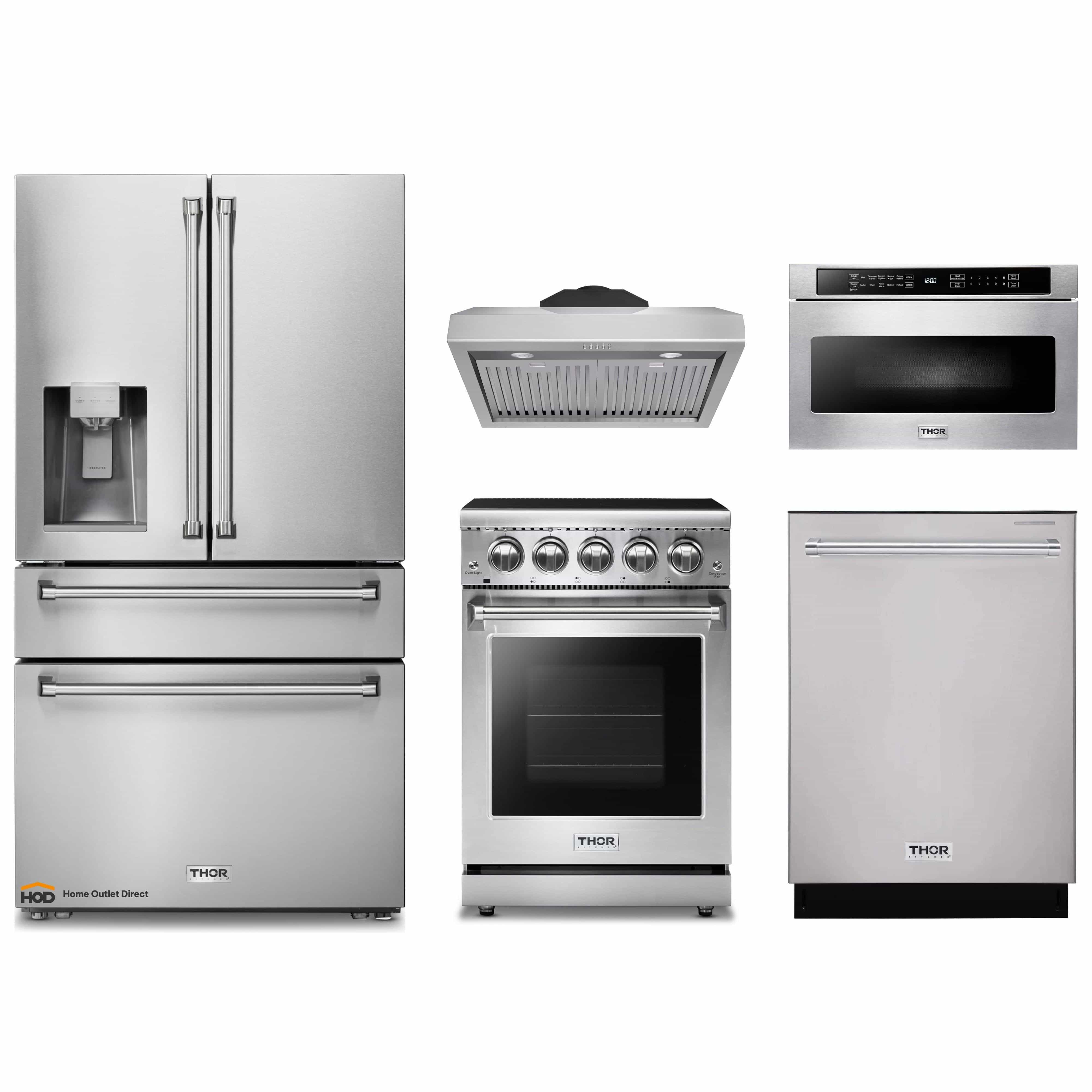 Thor Kitchen 5-Piece Appliance Package - 24-Inch Electric Range, Refrigerator with Water Dispenser, Under Cabinet Hood, Dishwasher, & Microwave Drawer in Stainless Steel