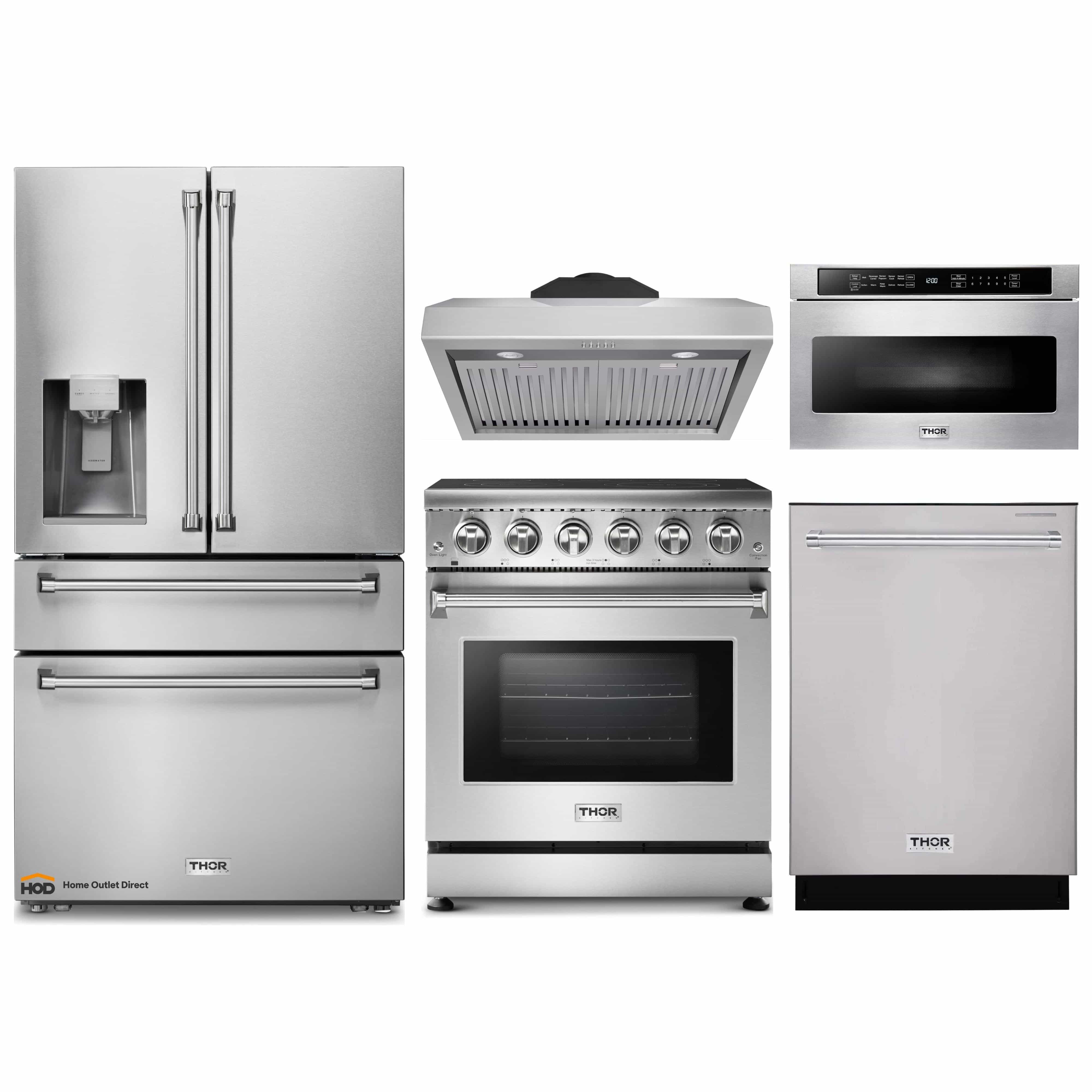Thor Kitchen 5-Piece Appliance Package - 30-Inch Electric Range, Refrigerator with Water Dispenser, Under Cabinet Hood, Dishwasher, & Microwave Drawer in Stainless Steel