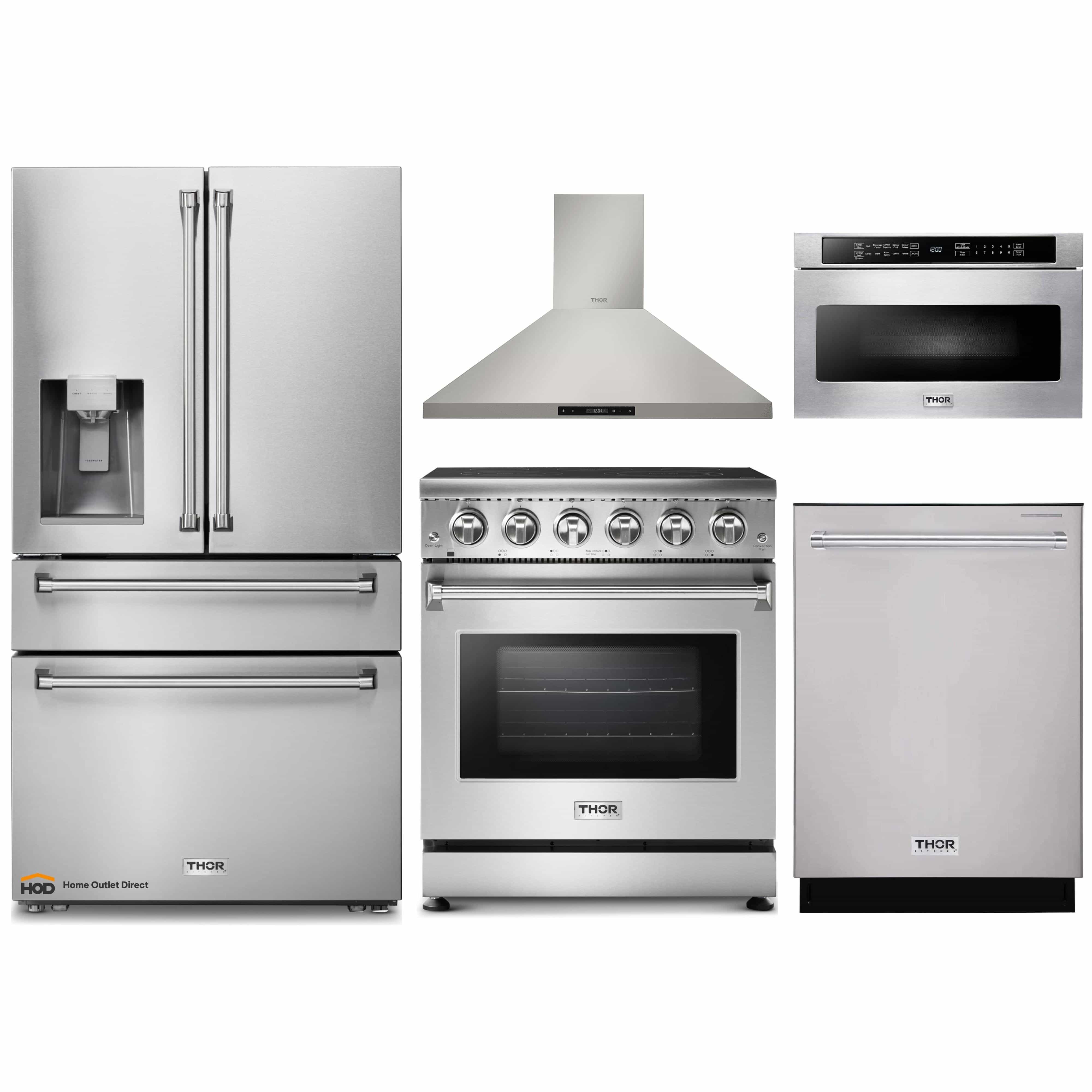 Thor Kitchen 5-Piece Appliance Package - 30-Inch Electric Range, Refrigerator with Water Dispenser, Wall Mount Hood, Dishwasher, & Microwave Drawer in Stainless Steel