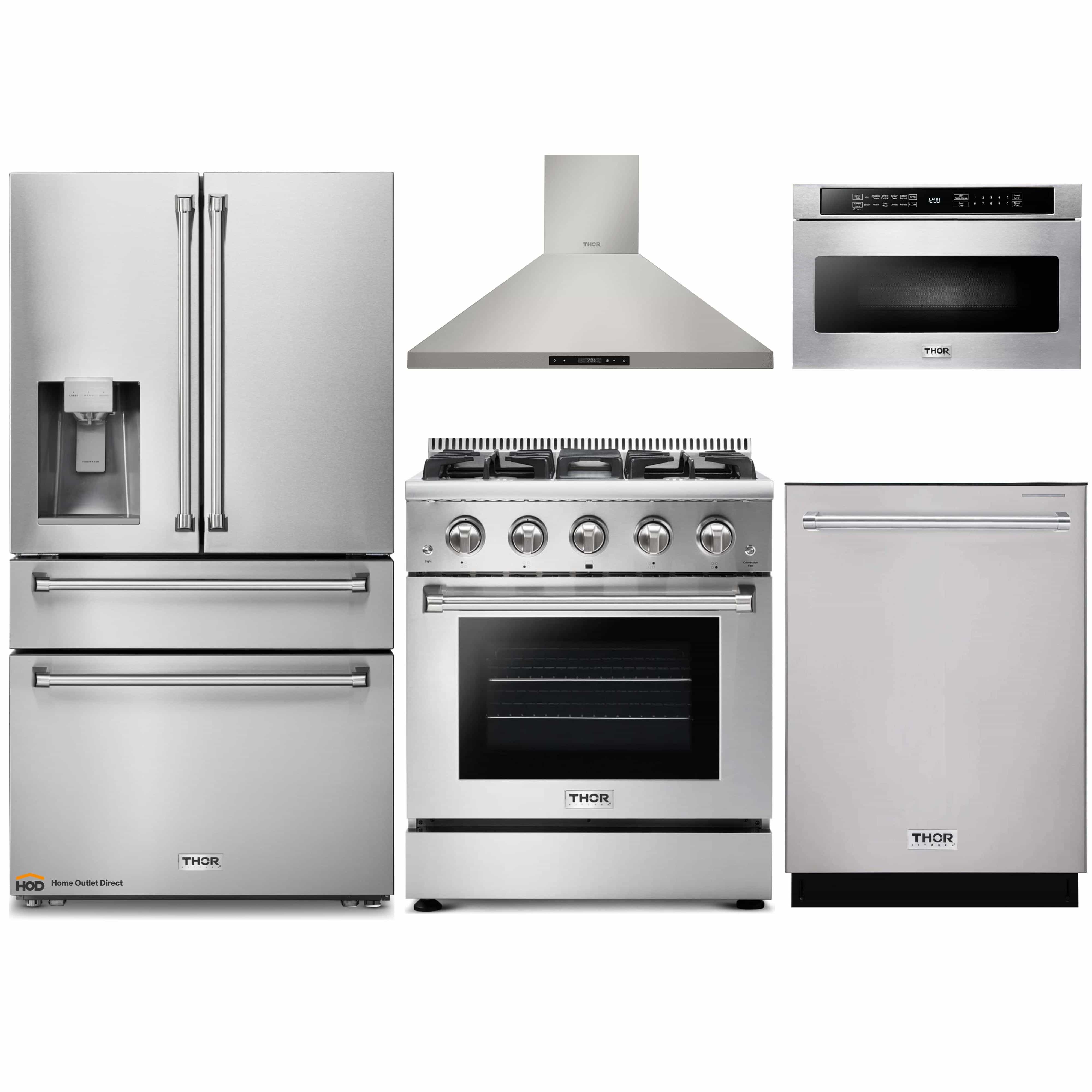 Thor Kitchen 5-Piece Pro Appliance Package - 30-Inch Gas Range, Refrigerator with Water Dispenser, Wall Mount Hood, Dishwasher, & Microwave Drawer in Stainless Steel
