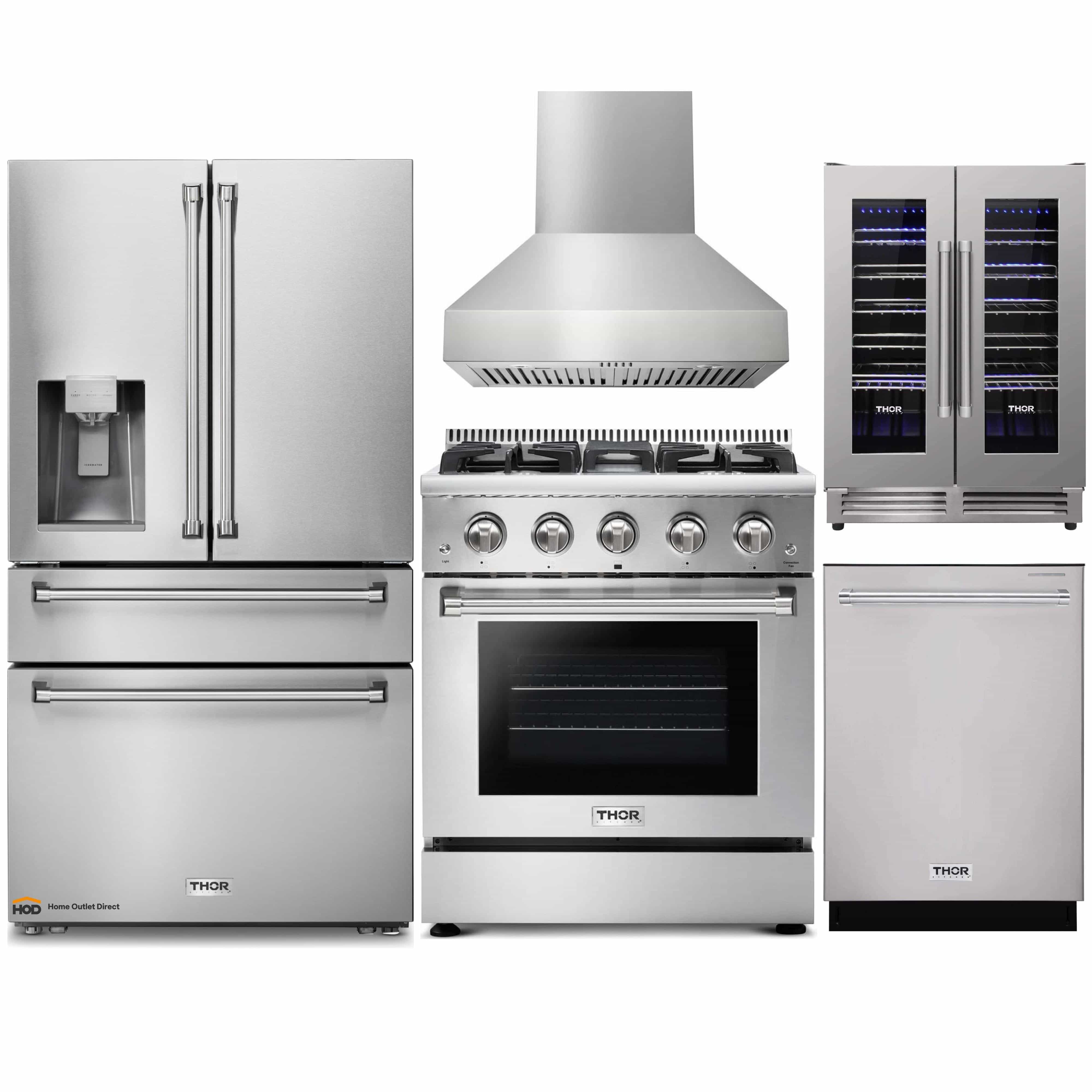 Thor Kitchen 5-Piece Pro Appliance Package - 30-Inch Gas Range, Refrigerator with Water Dispenser, Pro-Style Wall Mount Hood, Dishwasher, & Wine Cooler in Stainless Steel