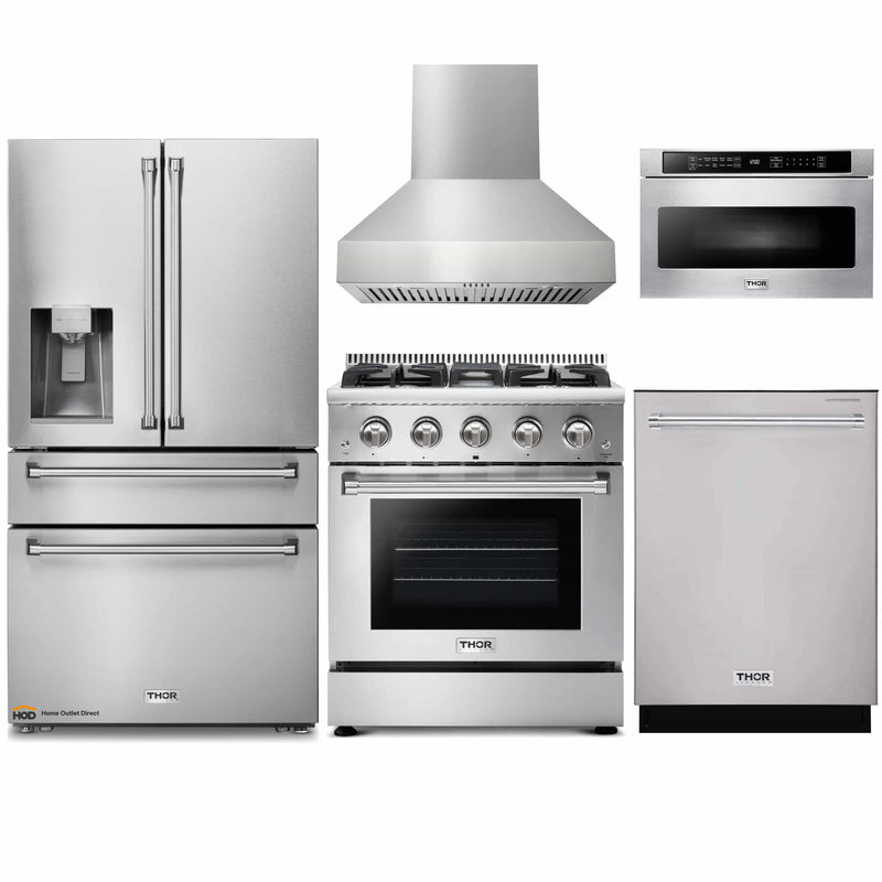 Thor Kitchen 5-Piece Pro Appliance Package - 30-Inch Gas Range, Refrigerator with Water Dispenser, Pro-Style Wall Mount Hood, Dishwasher, & Microwave Drawer in Stainless Steel