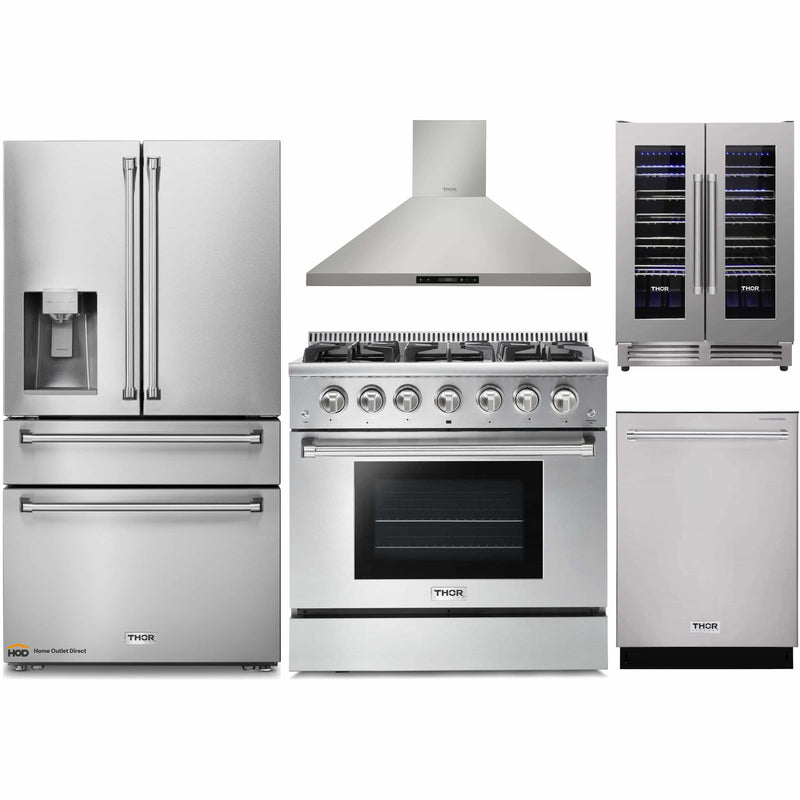 Thor Kitchen 5-Piece Pro Appliance Package - 36-Inch Gas Range, Refrigerator with Water Dispenser, Wall Mount Hood, Dishwasher, & Wine Cooler in Stainless Steel
