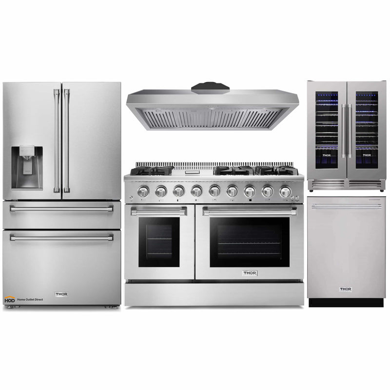 Thor Kitchen 5-Piece Pro Appliance Package - 48-Inch Gas Range, Under Cabinet 11-Inch Tall Hood, Refrigerator with Water Dispenser, Dishwasher, & Wine Cooler in Stainless Steel