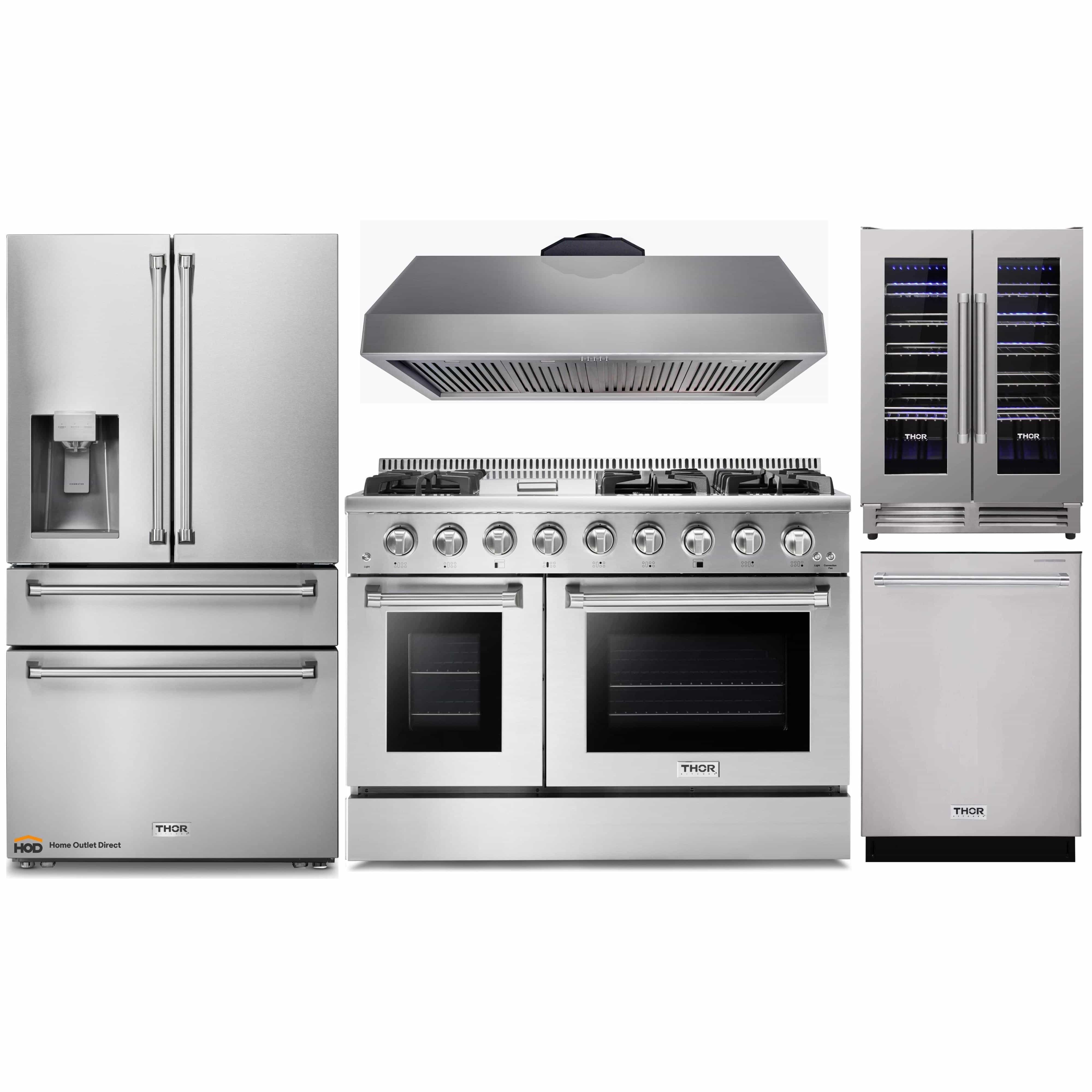 Thor Kitchen 5-Piece Pro Appliance Package - 48-Inch Gas Range, Under Cabinet 16.5-Inch Tall Hood, Refrigerator with Water Dispenser, Dishwasher, & Wine Cooler in Stainless Steel