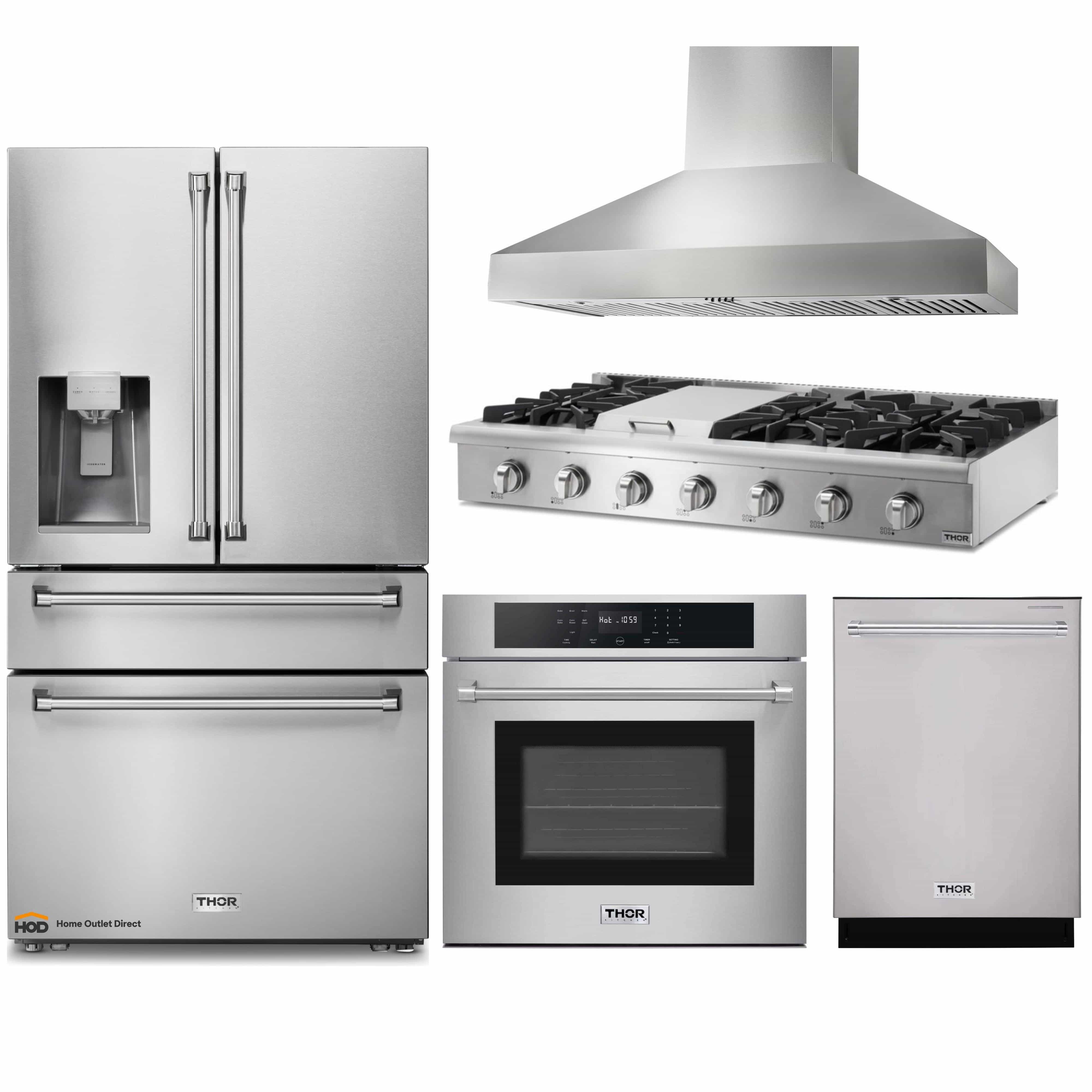 Thor Kitchen 5-Piece Pro Appliance Package - 48-Inch Rangetop, Electric Wall Oven, Pro Wall Mount Hood, Dishwasher & Refrigerator with Water Dispenser in Stainless Steel